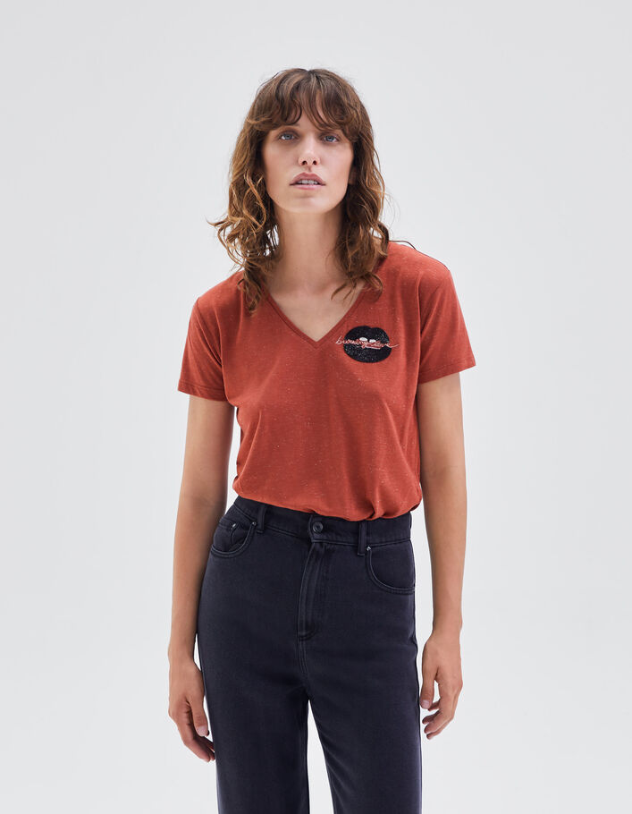 Tee-shirt tomette pailleté bouche brodée Femme