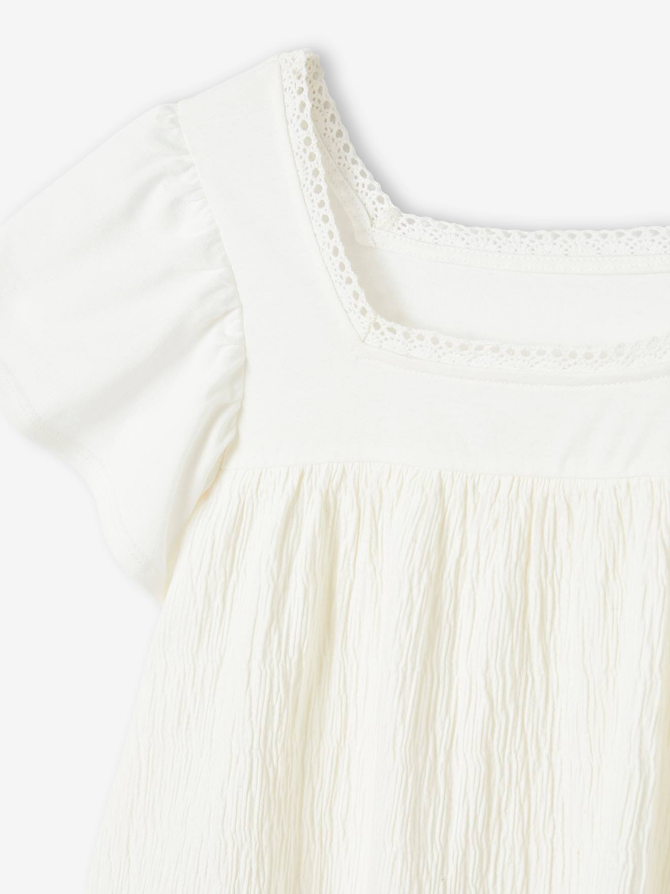 T-shirt blouse bi-matière fille écru