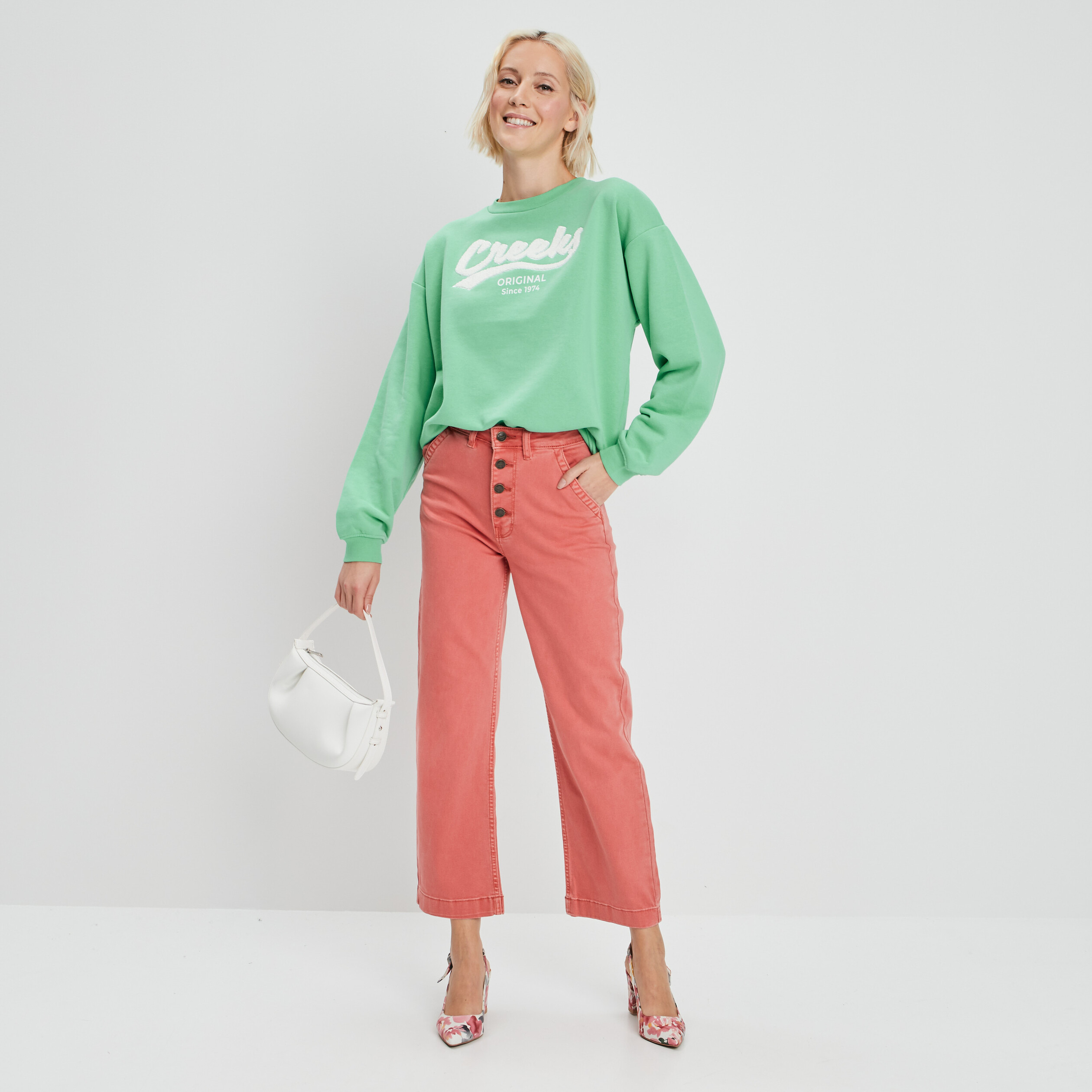 Pantalon jambe large 7 8ème boutonné rose corail femme | La Halle
