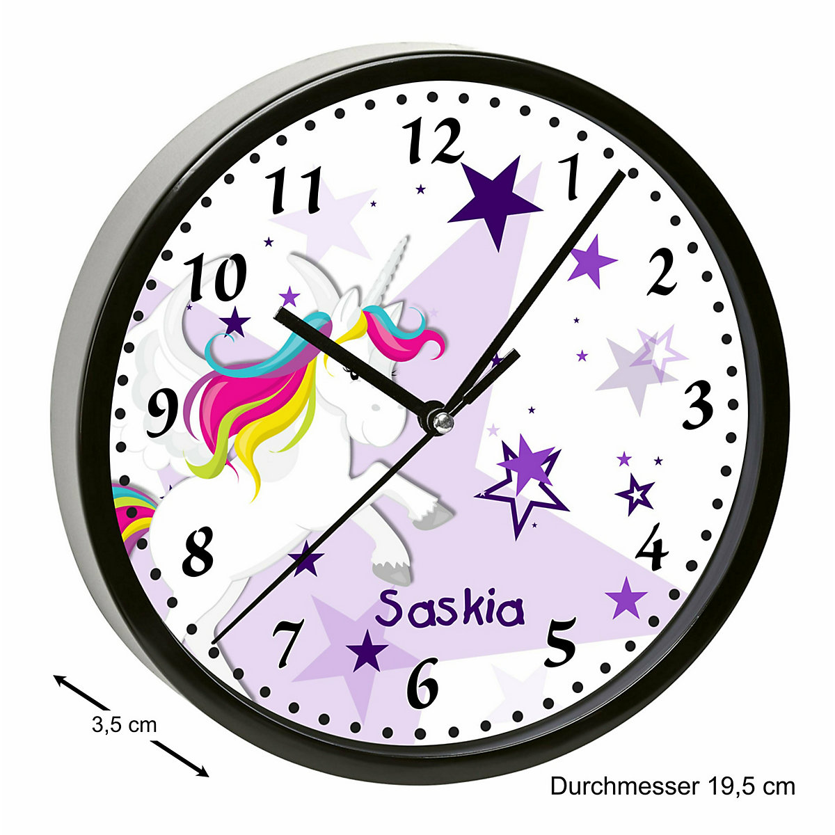Kinder Wanduhr personalisiert mit Name Pegasus Sterne Lila