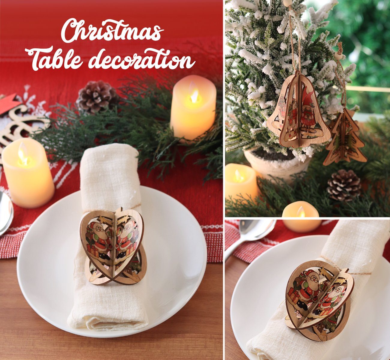 Homewit Christbaumschmuck 3D Weihnachtsbaumschmuck Weihnachtsbaum Holz Anhänger Dekoration (6-tlg), Holz Ornamenten für Weihnachtsbaum Weihnachtsmann Weihnachtsglocken