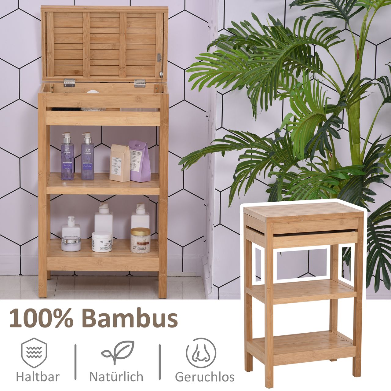 HOMCOM Badregal Badzimmerregal mit 2 Ablagen Klappdeckel Standregal Bambus Natur