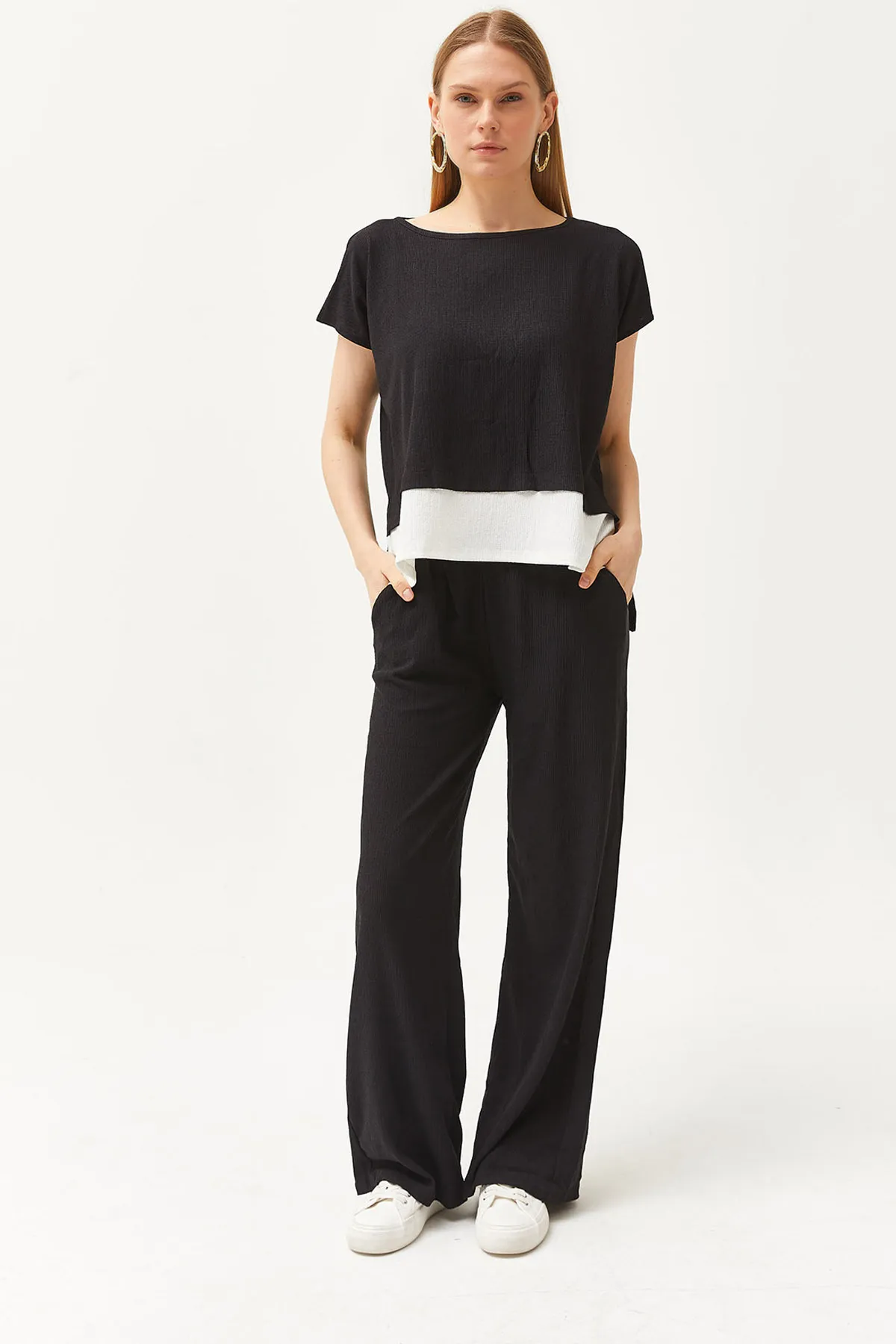 Olalook  Schwarzes Damen-Set aus Oberteil, Bluse und Hose, TKM-19000273