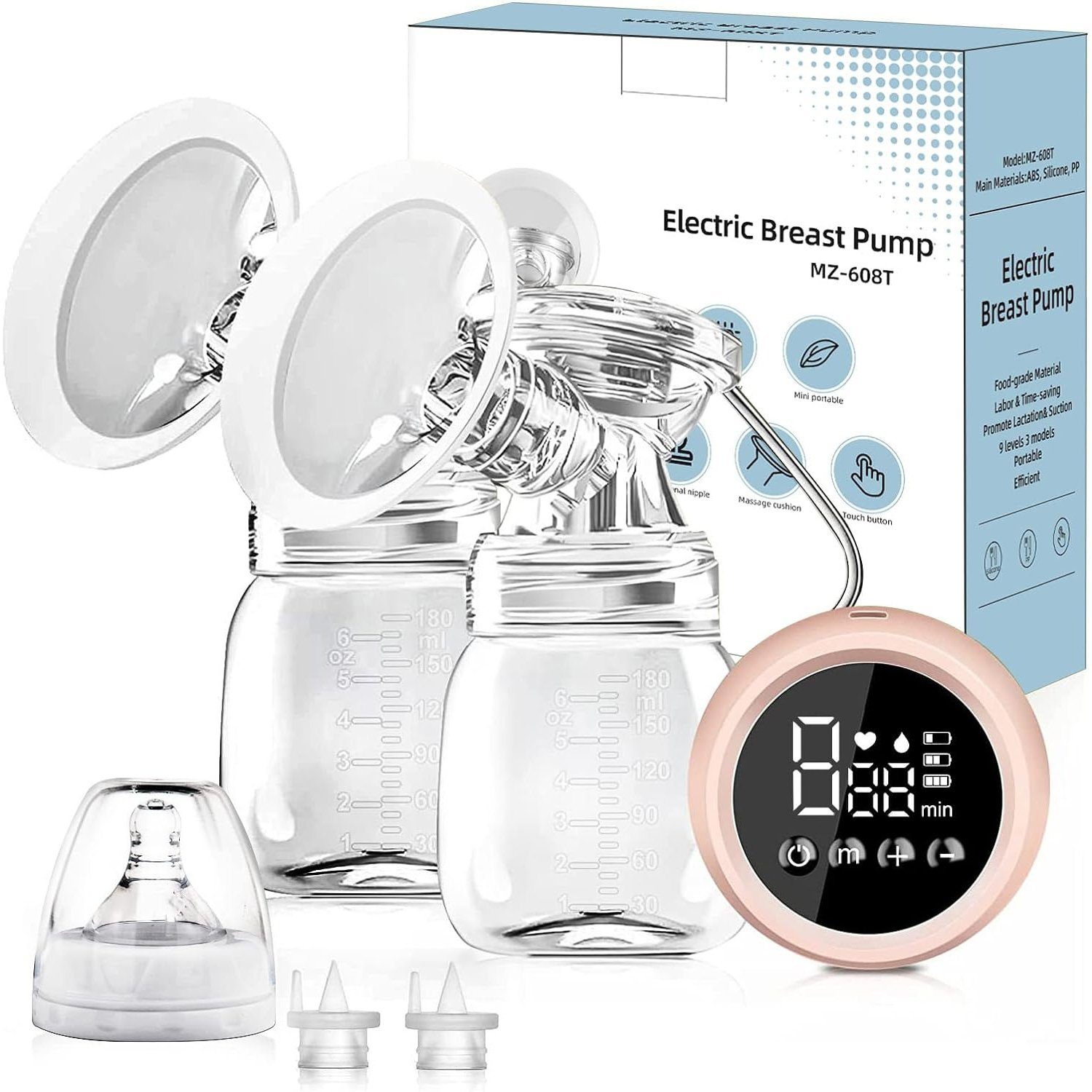 AKKEE Elektrische Doppelmilchpumpe Elektrisch Milchpumpe Elektrische Doppelmilchpumpe mit LED-Touchscreen, 2 Modi und 9 Stufen Geräuscharm und Schmerzfrei, 1-tlg., Elektrisch, Tragbare Doppel-Elektronische Milchpumpe