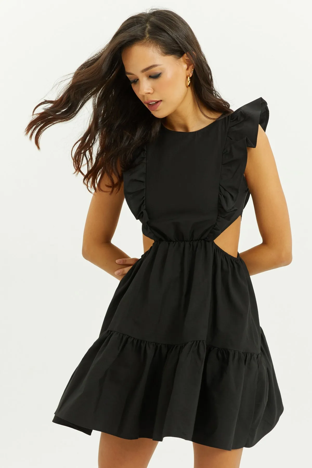 Cool & Sexy  Schwarzes, niedrig sitzendes Volant-Minikleid für Damen SF1523