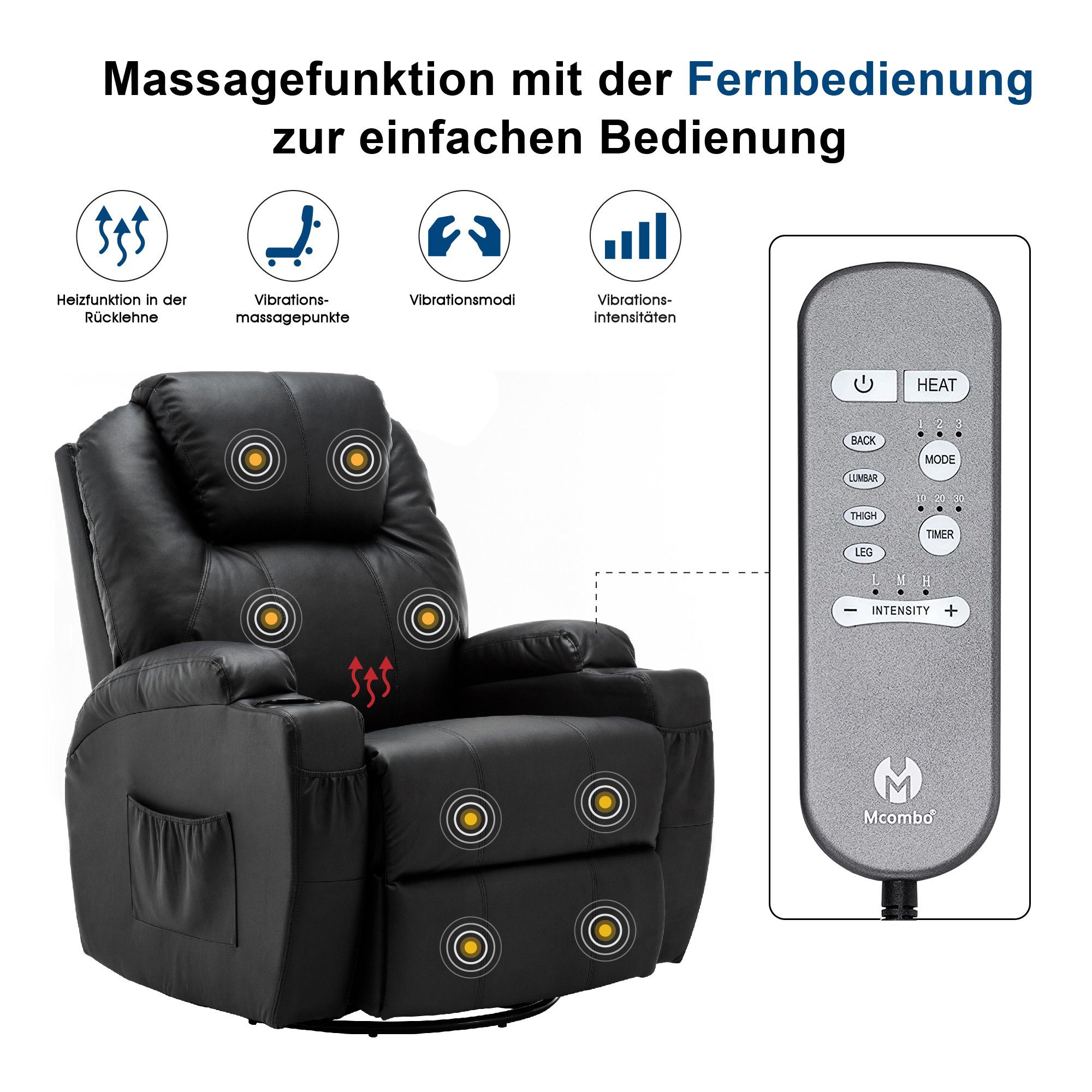MCombo Relaxsessel MCombo manuell Massagesessel TV-Sessel Relaxsessel 7020, manuell, mit Heizung, 360° drehbar und schwenkbar, 100 × 92 × 109 cm