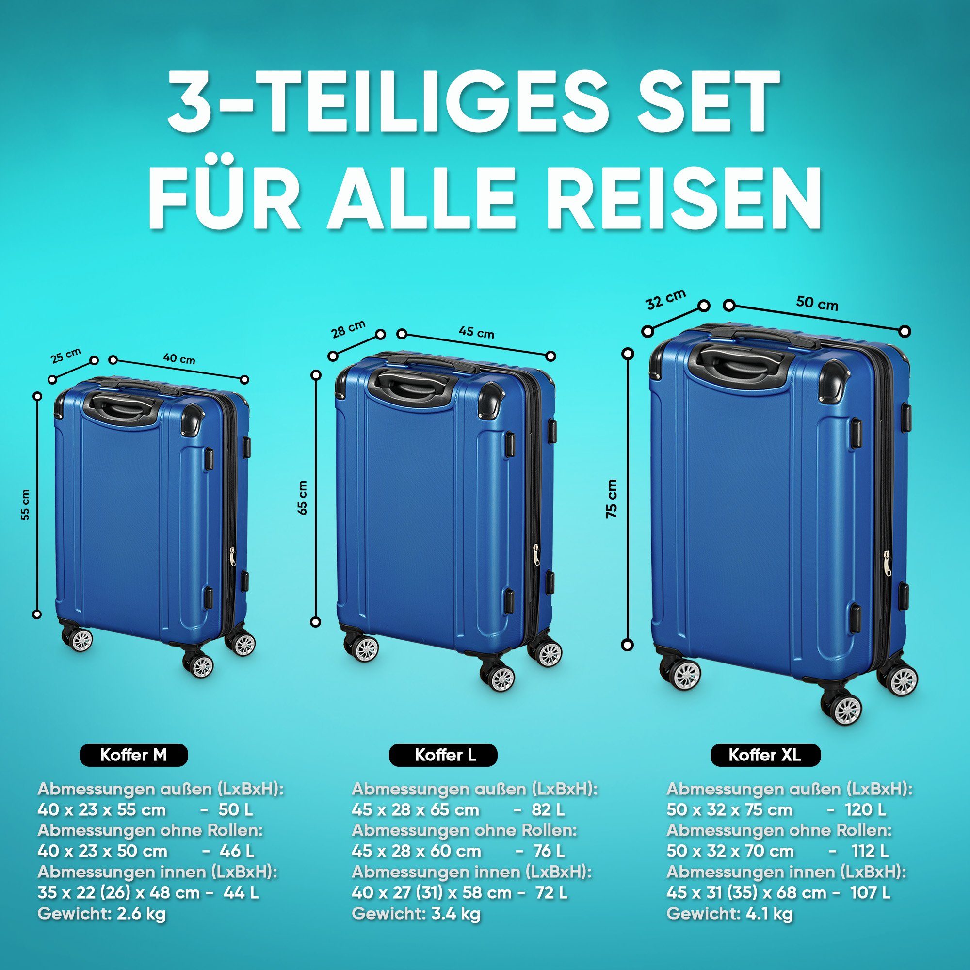 VESKA Trolleyset Hartschalenkoffer Kofferset 3 teilig mit TSA Zahlenschloss 4 Rollen, ABS-Hartschale, Reisekoffer Trolley Rollkoffer Koffer