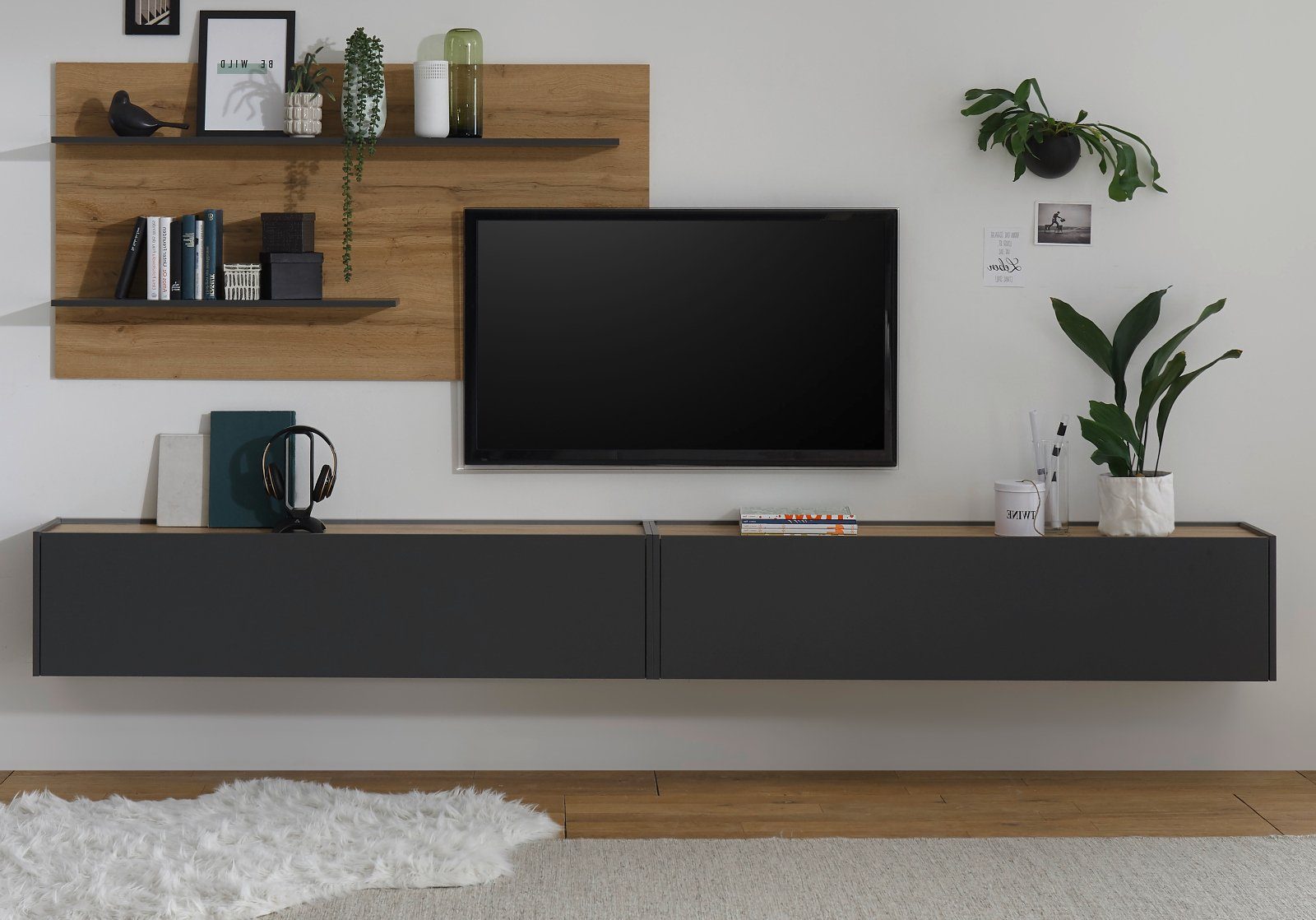 Furn.Design Wohnwand Center, (Komplett-Set, bestehend aus Lowboard 300 cm und Wandpaneel 155 cm), Breite 300 cm, mit Hänge-Lowboard