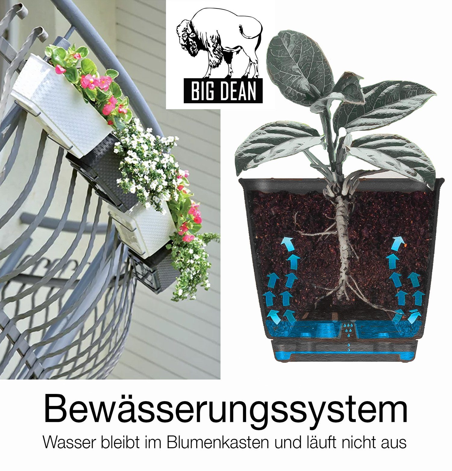 BigDean Blumenkasten 2x Bewässerungssystem + Halterung Rattan-Optik Anthrazit 39x15,5x14cm (2 St)