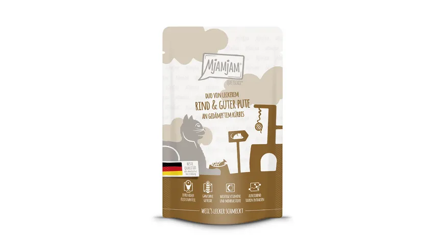 MjAMjAM Katzennassfutter Quetschie Duo von leckerem Rind & guter Pute an gedämpftem Kürbis 125 g