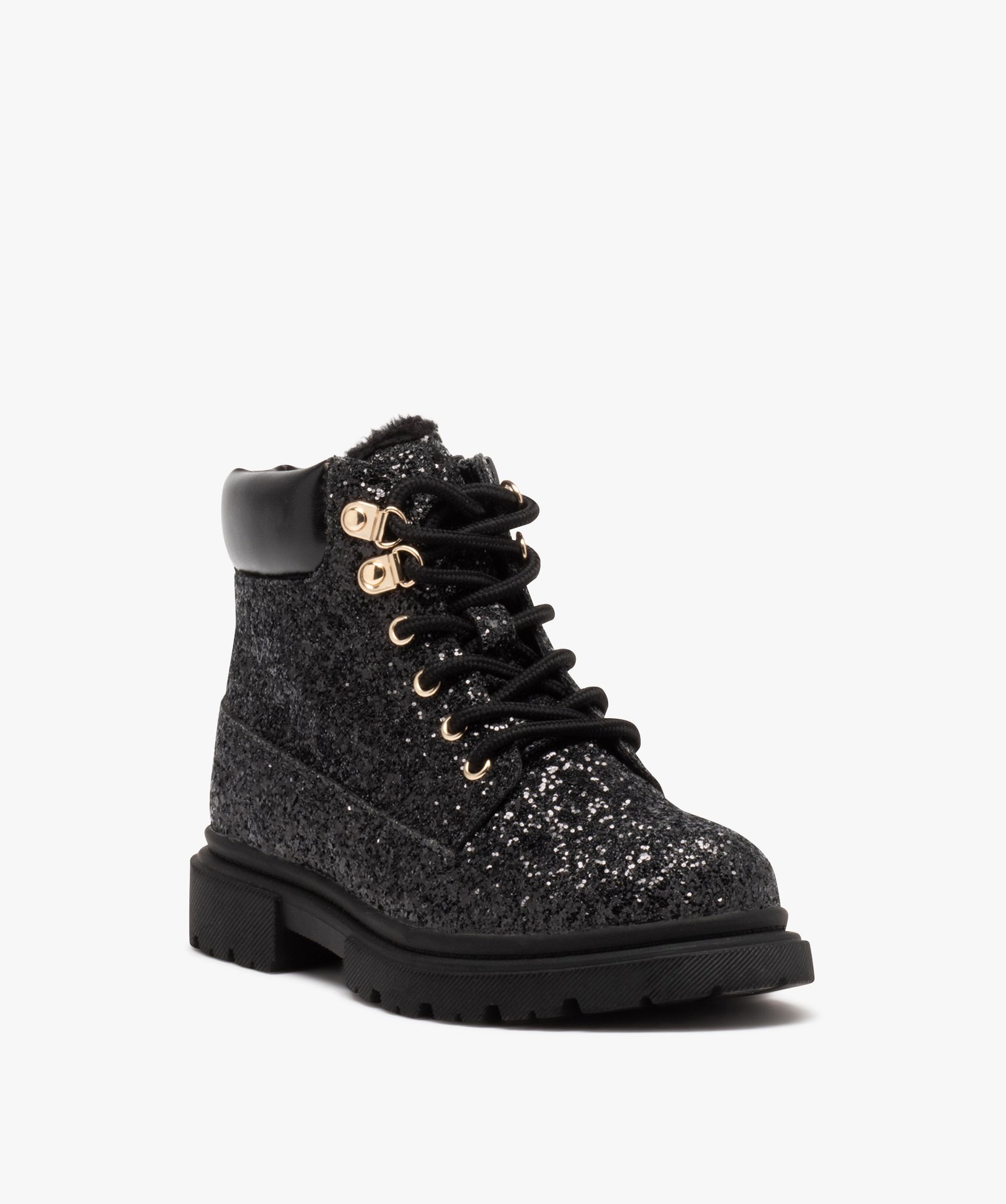 Boots fourrées à paillettes et lacets fille noir | GEMO
