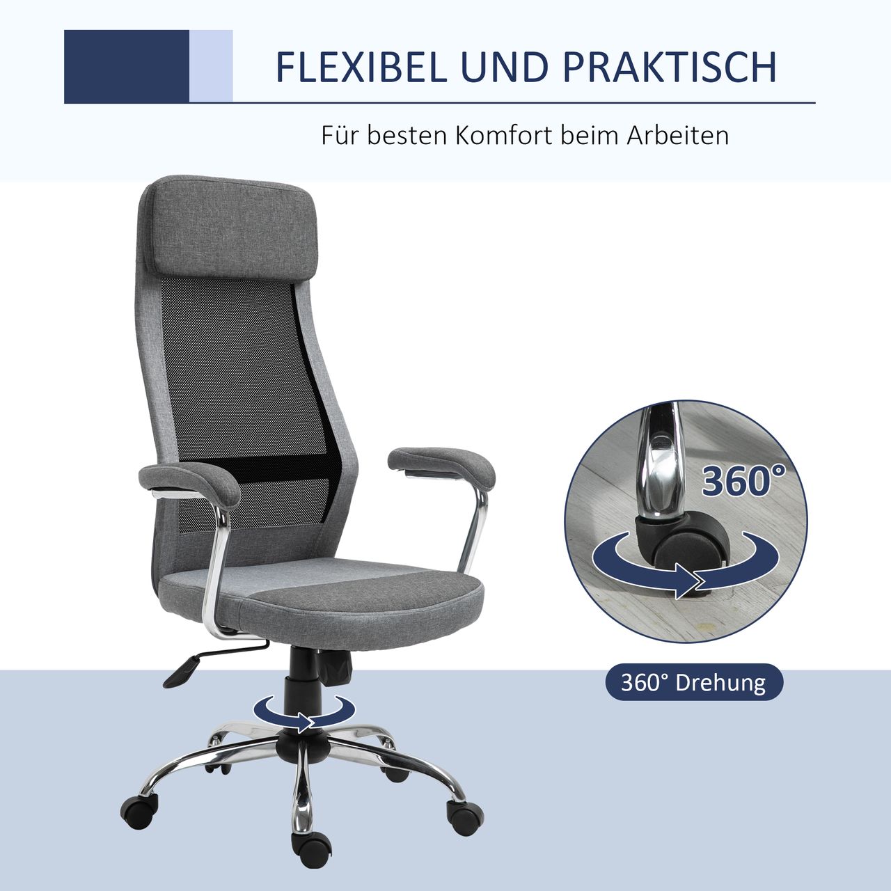 Vinsetto Bürostuhl Computerstuhl ergonomischer Schreibtischstuhl Höhenverstellung und Kopfstütze mit Schaumstoff nordischer Stil hellgrau schwarz 65 x 60 x 119-129 cm