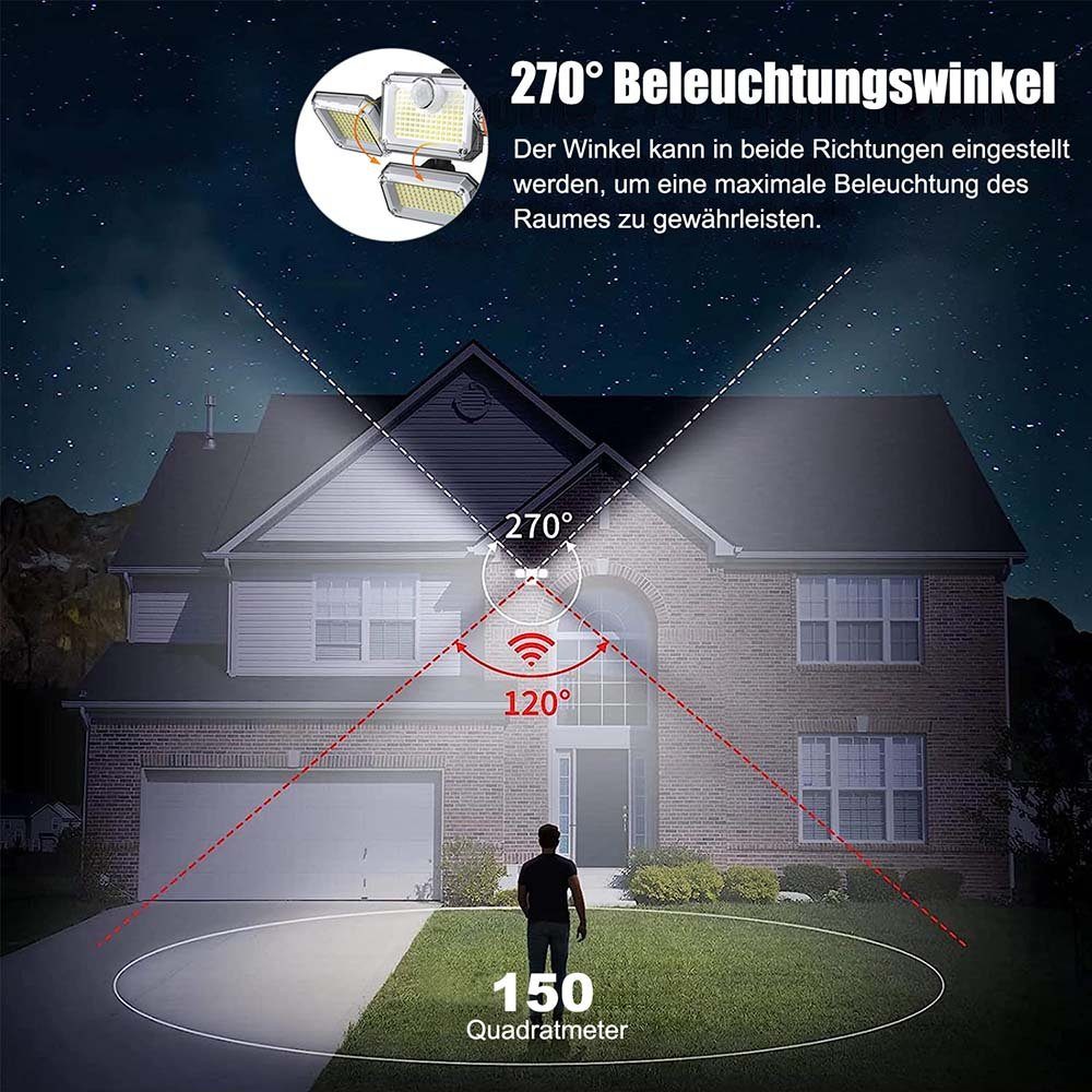 Rosnek LED Gartenleuchte Solar, 4 Köpfe, Bewegungssensor, für Außen Garage Innenhof Hof, Kaltweiß, wasserdicht, Fernbedienung, mit 5M Kabel
