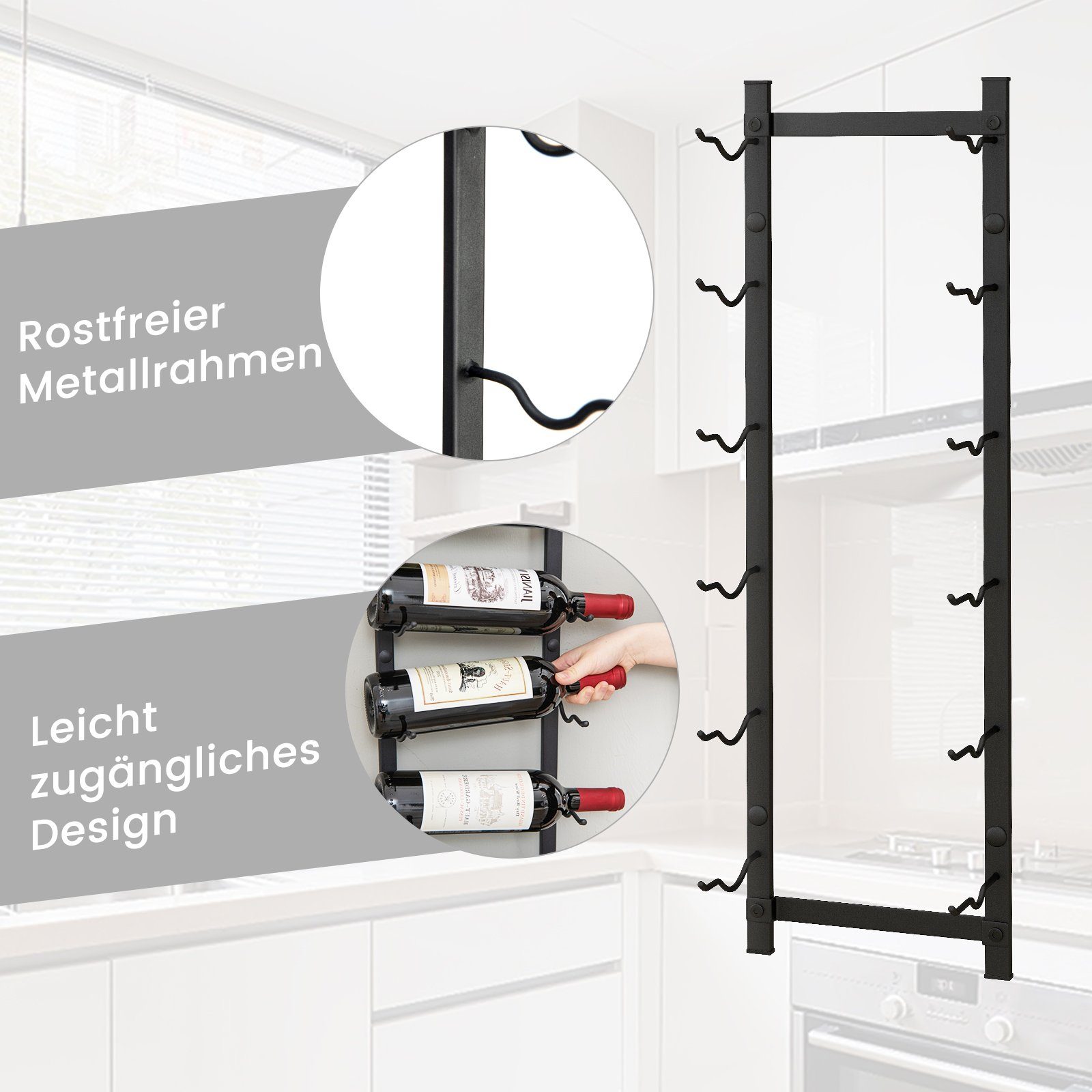 COSTWAY Weinregal, Wand, Metall, für 6 Flaschen, Industrial, 13,5x22x73cm