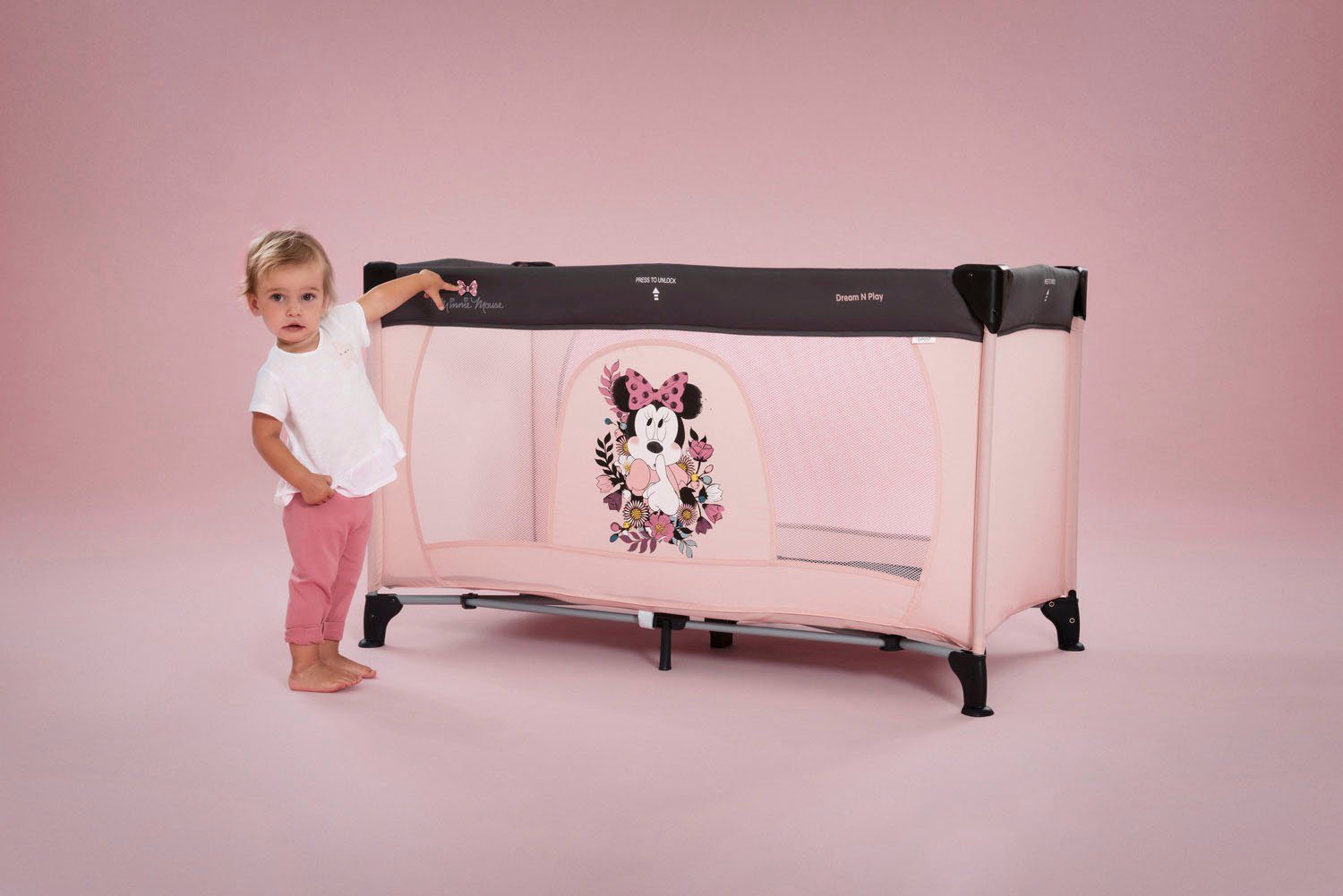 Hauck Baby-Reisebett Dream N Play - Minnie Sweetheart, inkl. Transporttasche