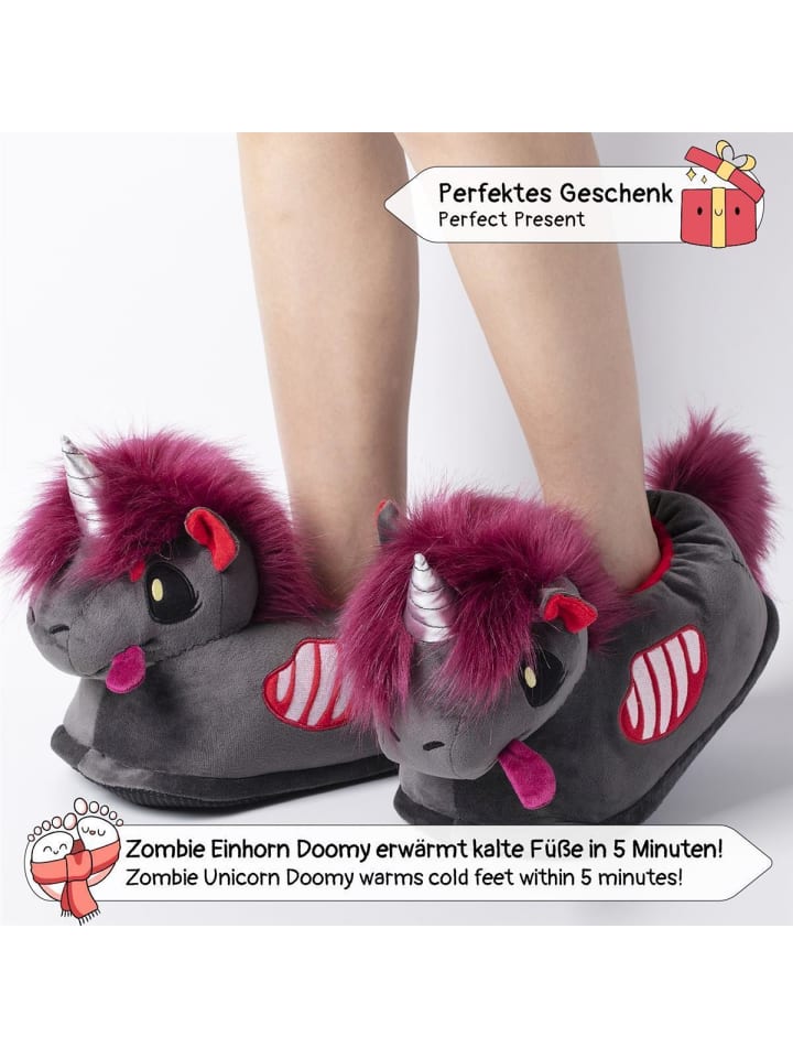 Corimori Hausschuhe „Punk-Einhorn“ Einheitsgröße in Anthrazit/rot günstig kaufen 25/34