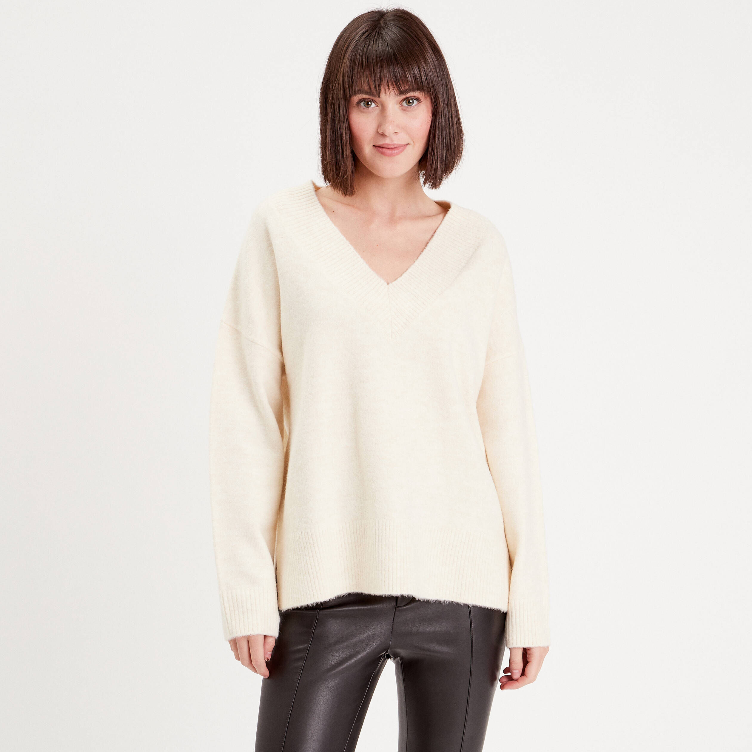 Pull manches longues col en V ivoire femme | Cache Cache