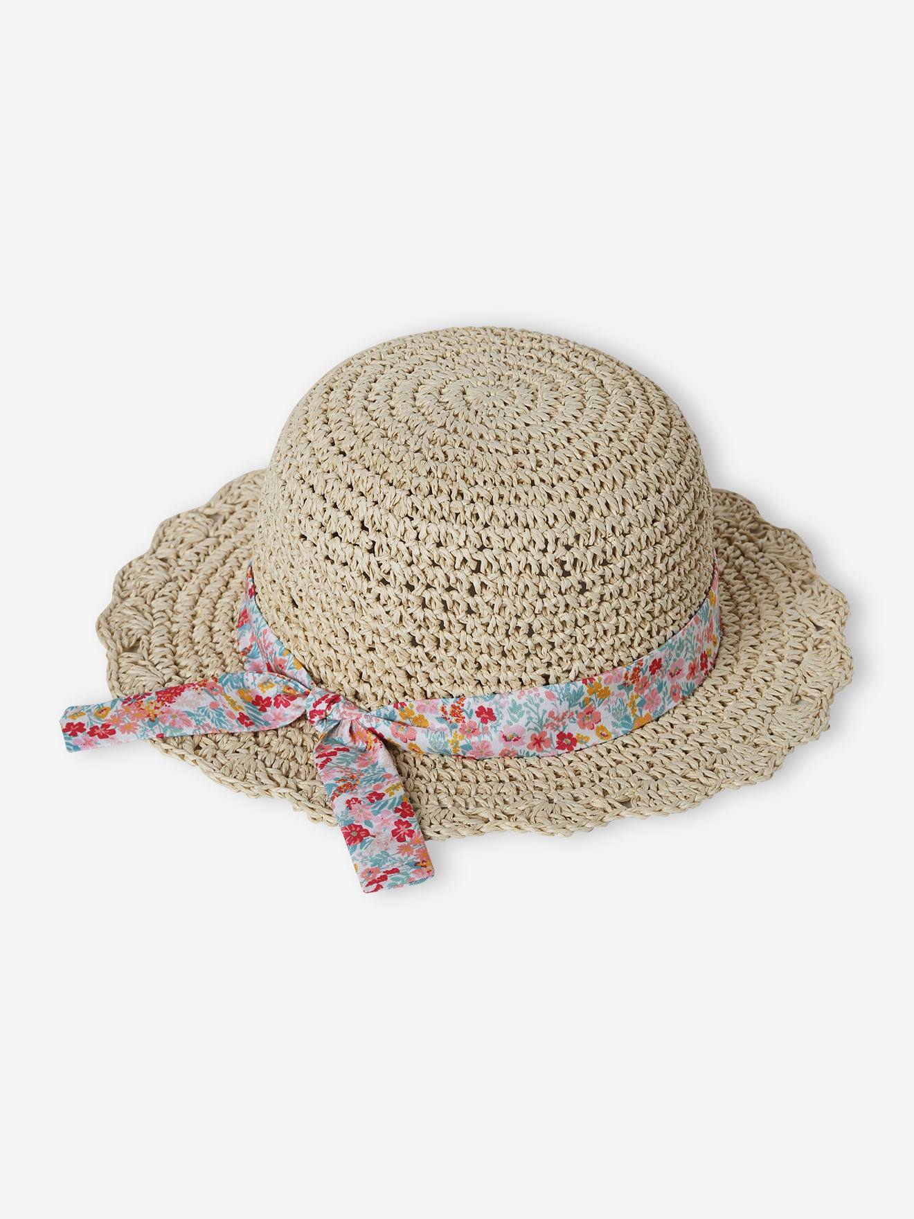 Chapeau aspect paille effet crochet avec ruban imprimé fille sable