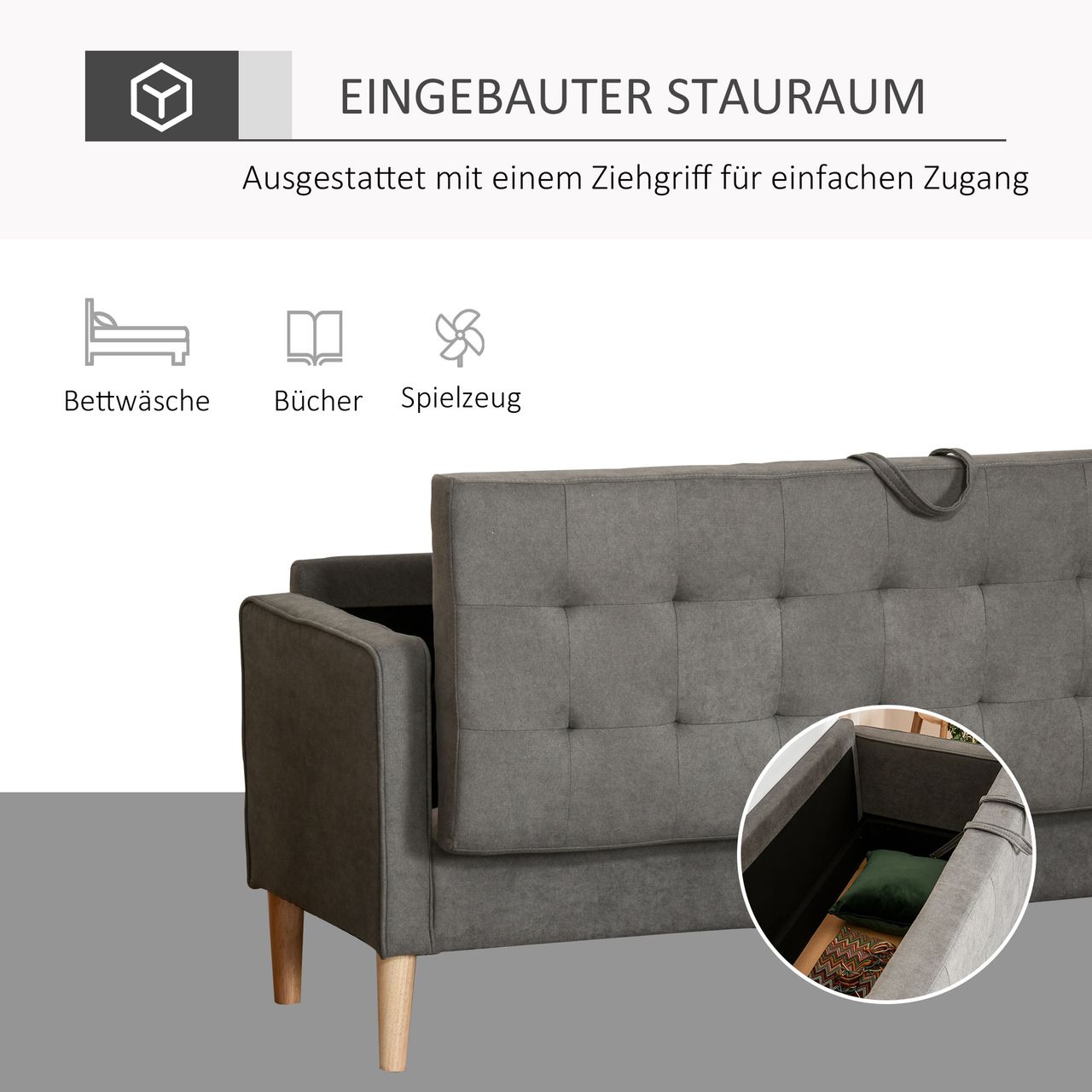 HOMCOM 3-Sitzer Sofa Stoffsofa Doppelsofa abnehmbar mit Kissen Gummiholz Baumwoll Grau 166,5 x 62 x 82 cm