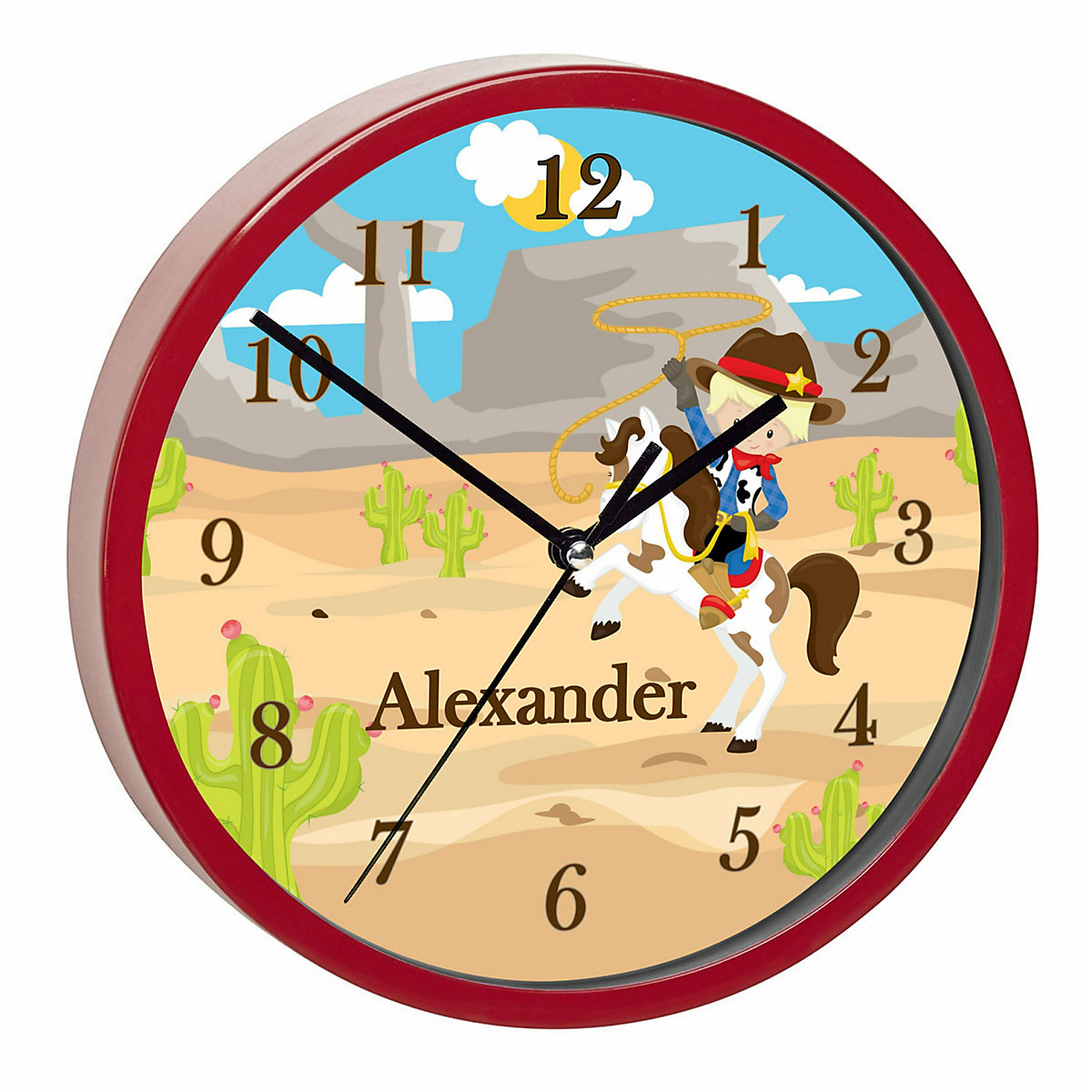 Kinder Wanduhr laufruhig personalisiert mit Name Cowboy