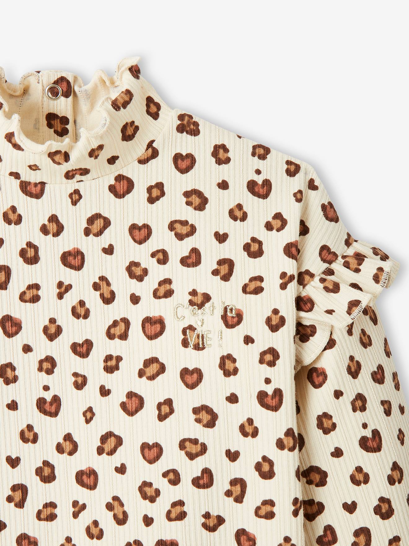T-shirt col montant en maille côtelée fille manches volantées ocre