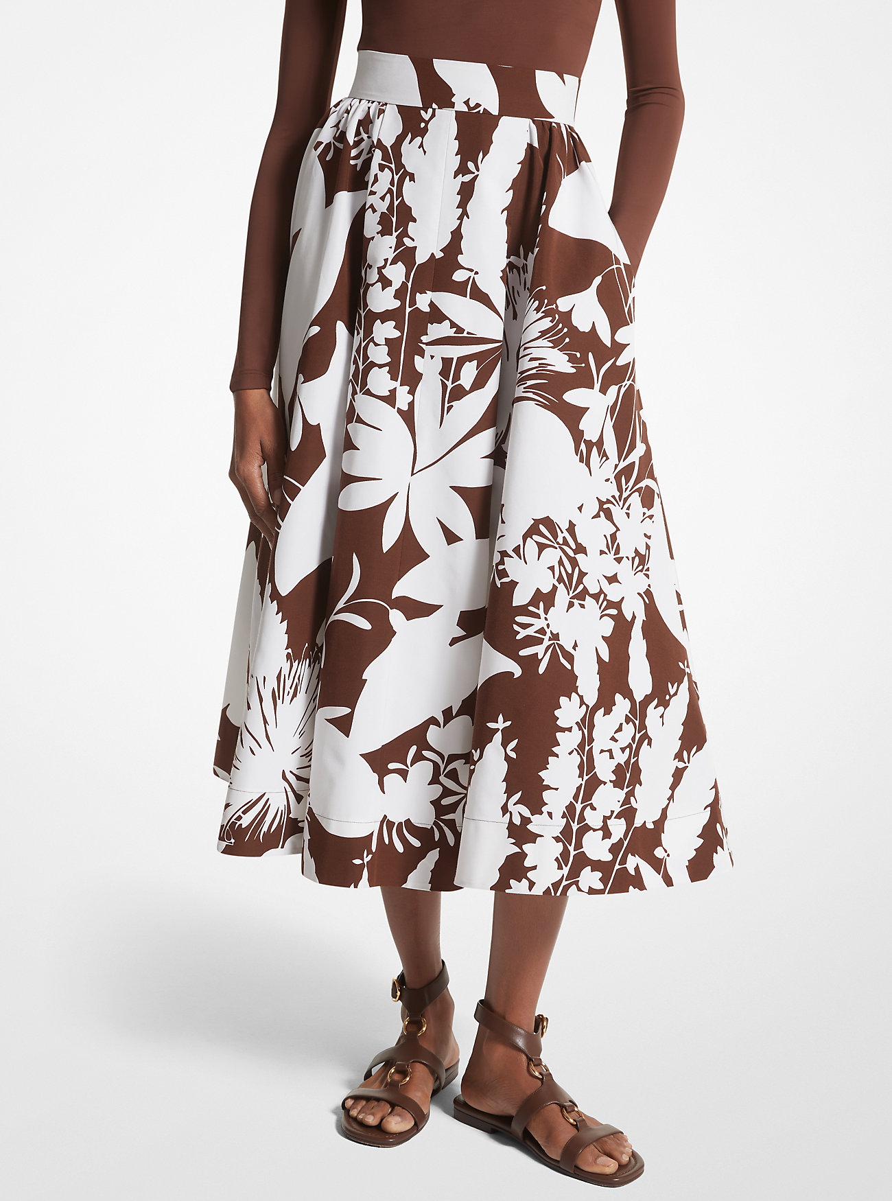 Shadow Floral Cotton and Silk Faille Skirt - NUTMEG/OPTIC WHITE