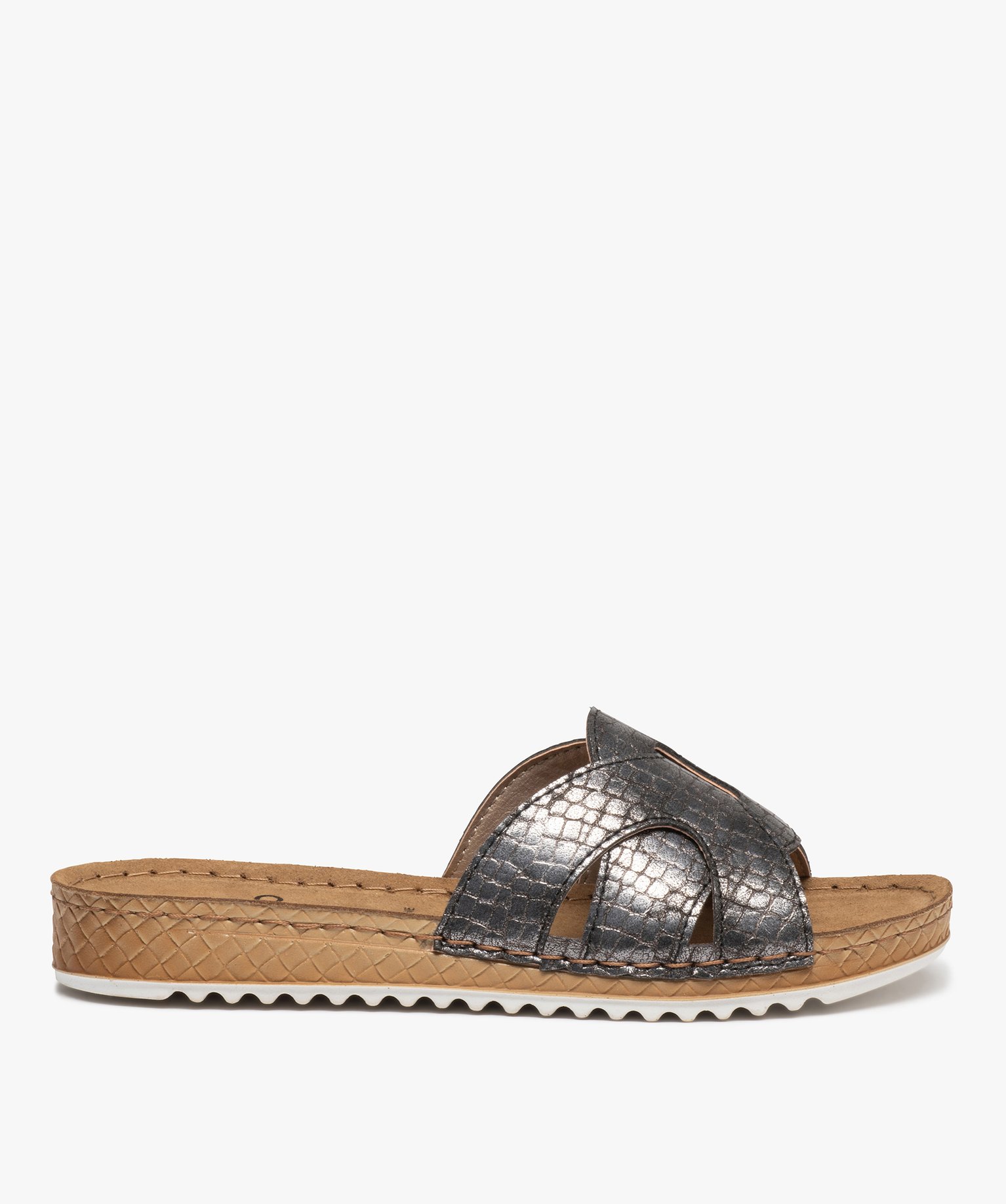 Mules femme à talon plat confort et larges brides metallise | GEMO