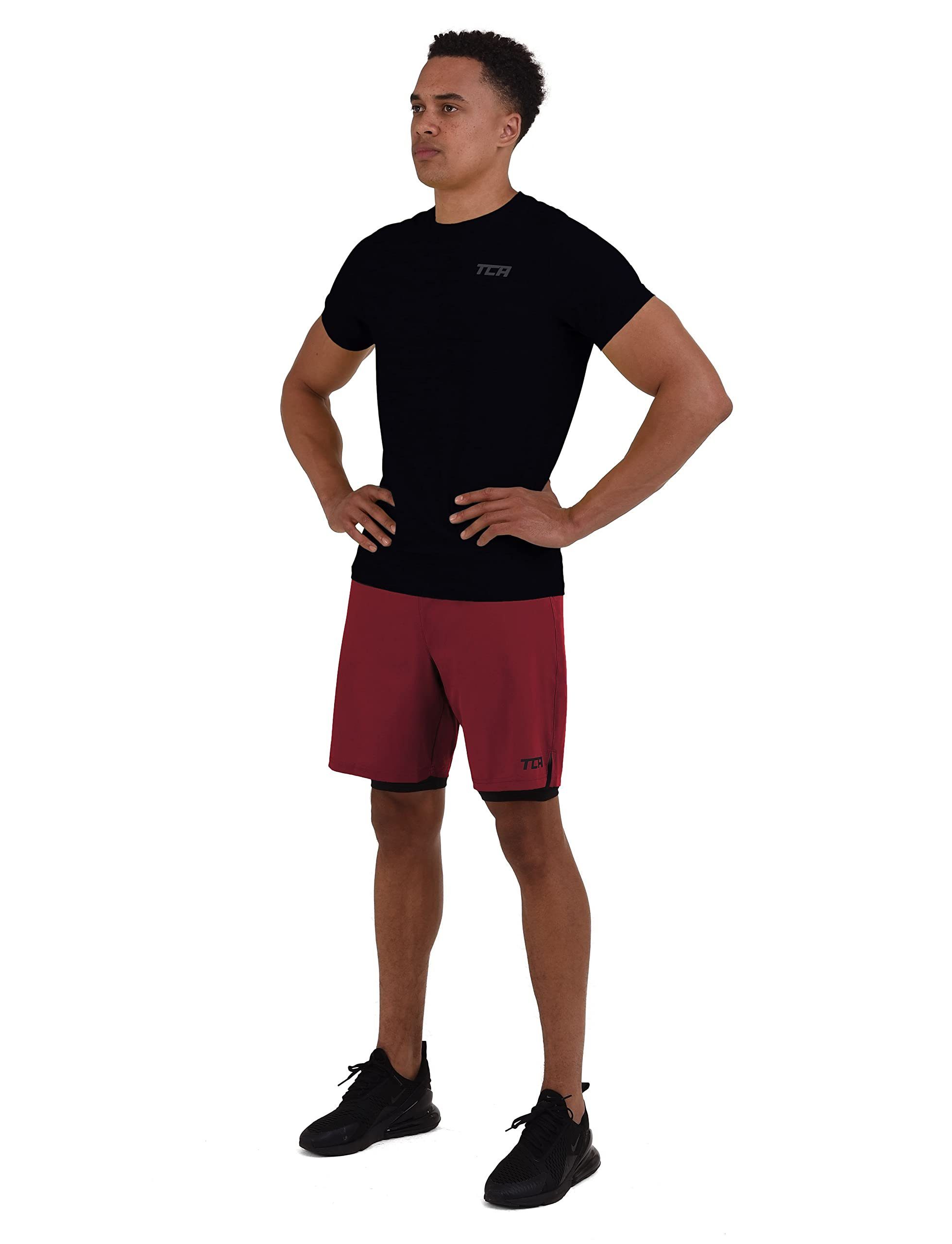TCA Trainingsshorts TCA Herren 2-in-1 Laufhose mit Kompressionshose - Rot/Schwarz, XXL