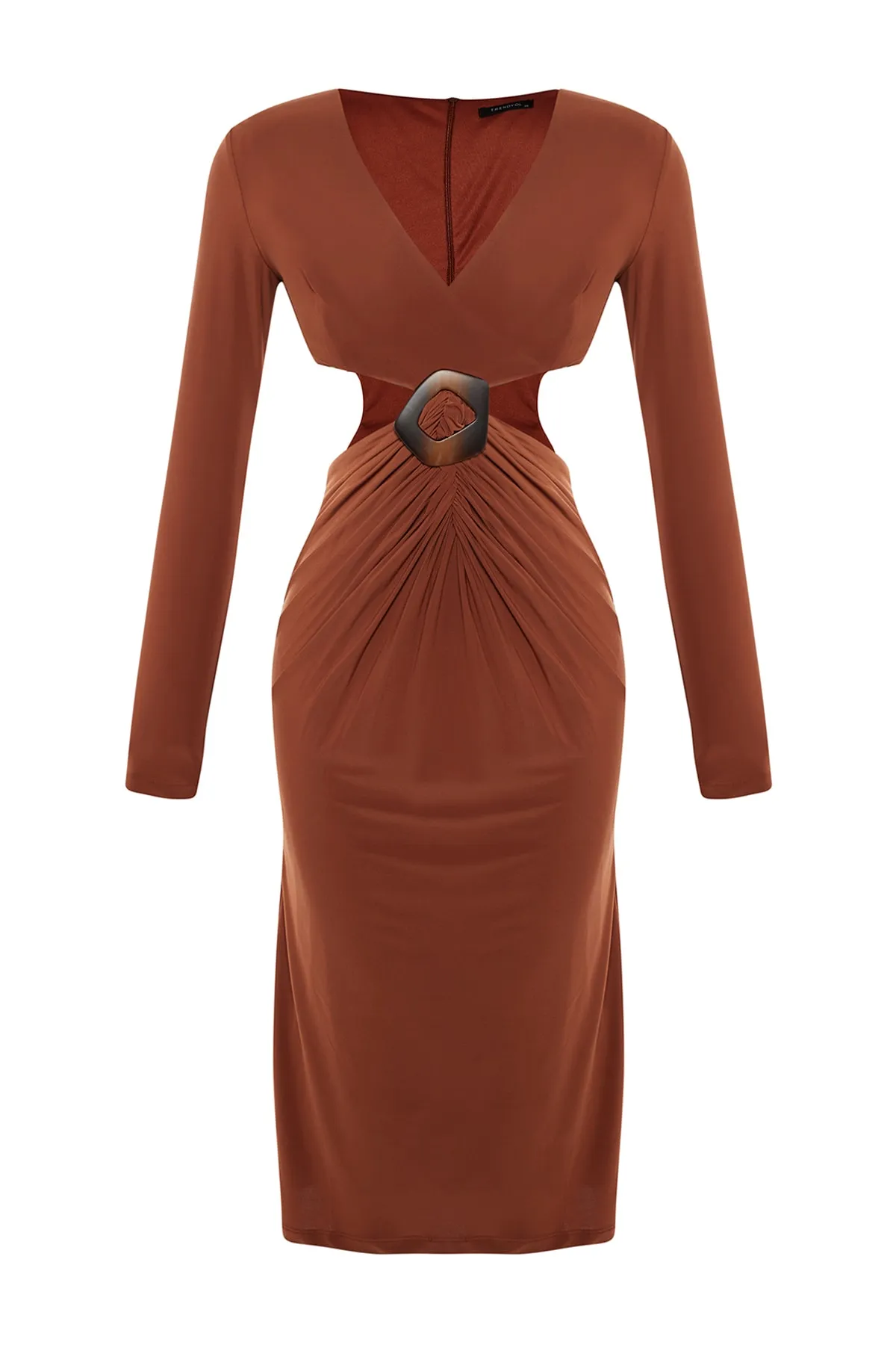 Trendyol Collection  Elegantes gestricktes Abendkleid mit zimtfarbenem Schnallendetail TPRAW23EL00149