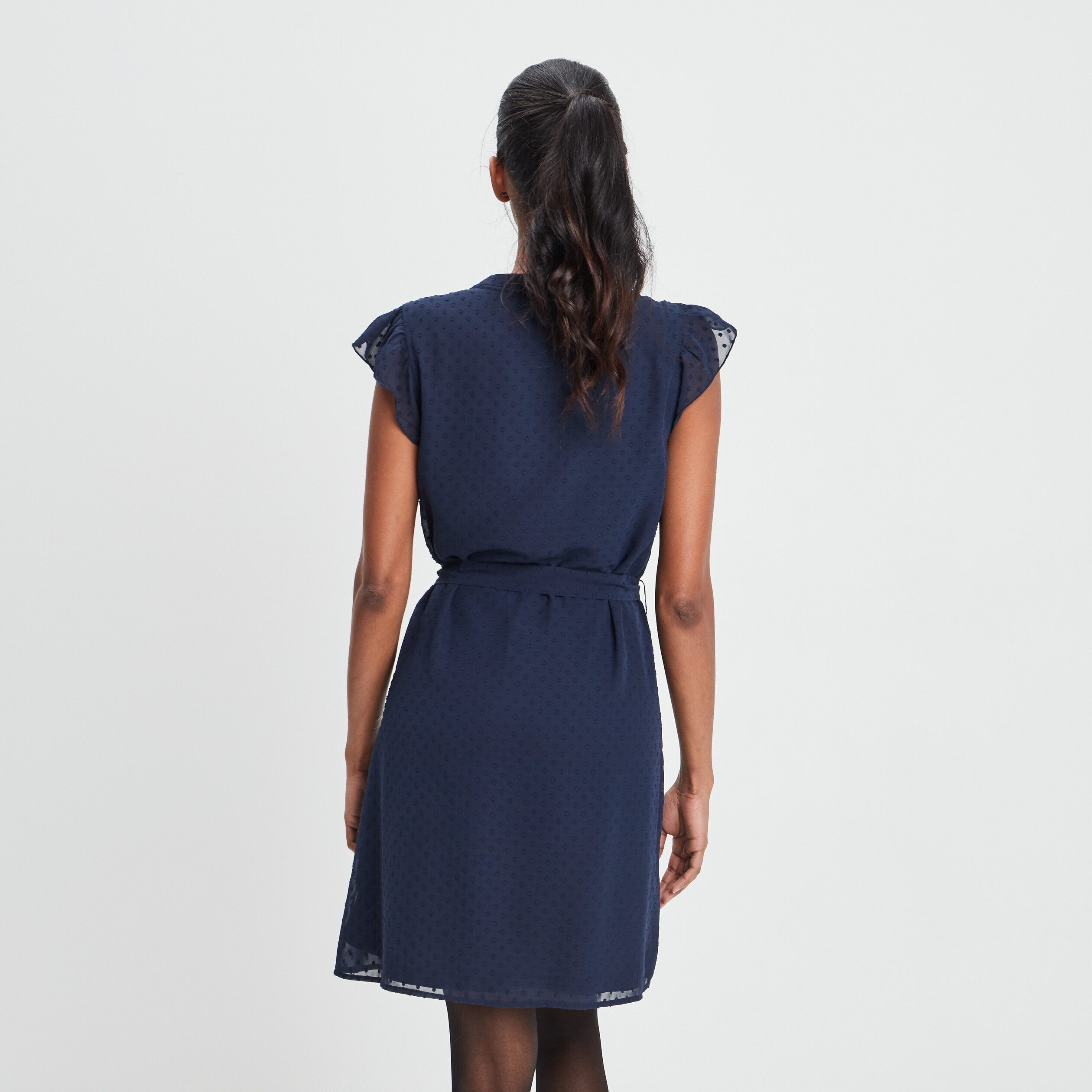 Robe plumetis droite ceinturée bleu marine femme | La Halle