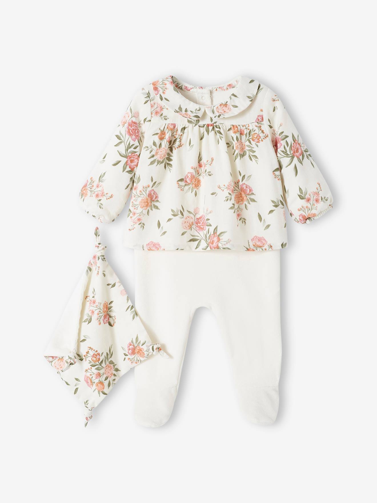 Pyjama en gaze ce coton et velours bébé et son doudou assorti écru