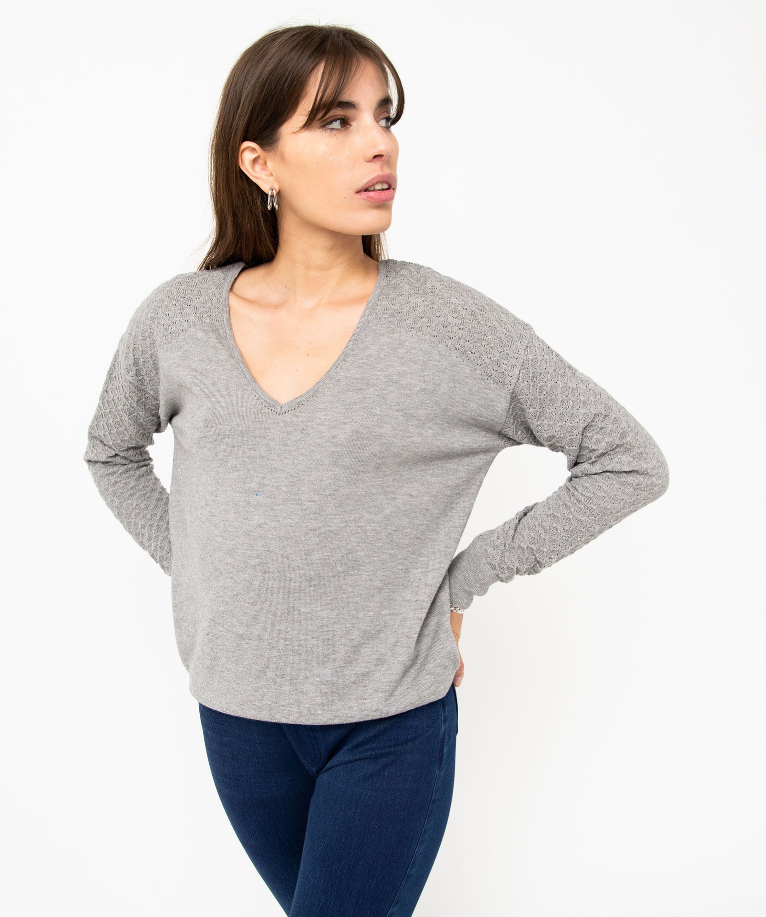 Pull avec double col V et manches fantaisie femme gris | GEMO