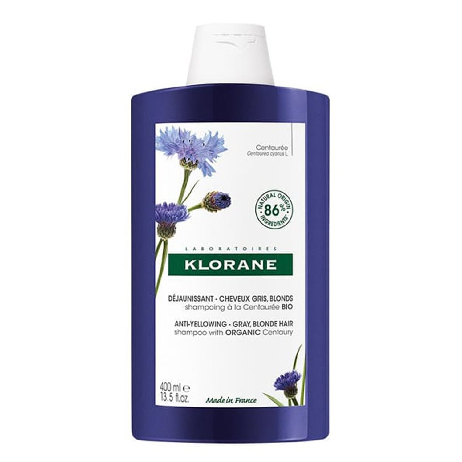 Klorane Shampoing Déjaunissant à la Centaurée Bio - Cheveux Gris Blonds 400 ml