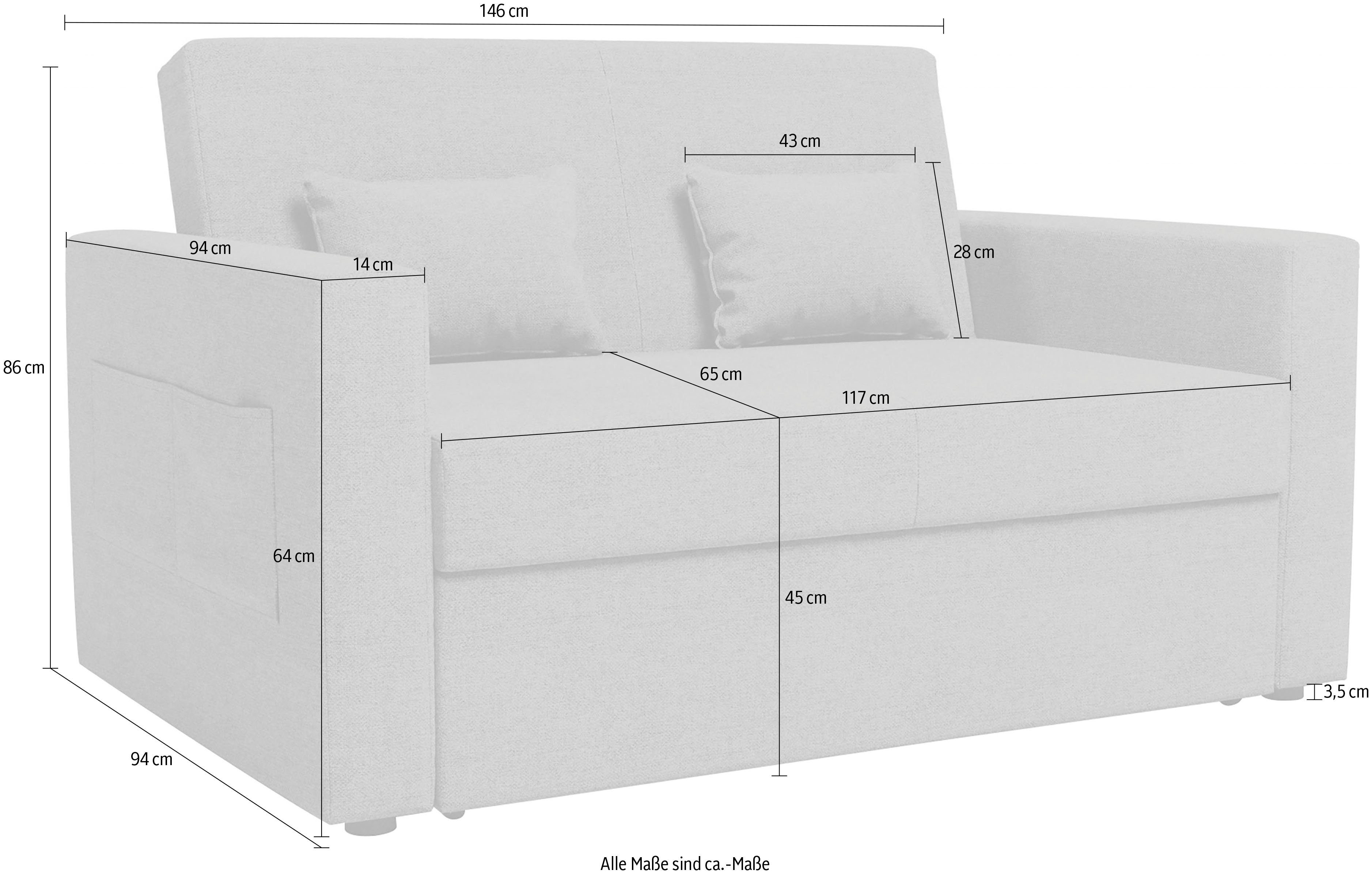 INOSIGN Schlafsofa Ravena, kompaktes 2-Sitzer Sofa, mit Bettfunktion