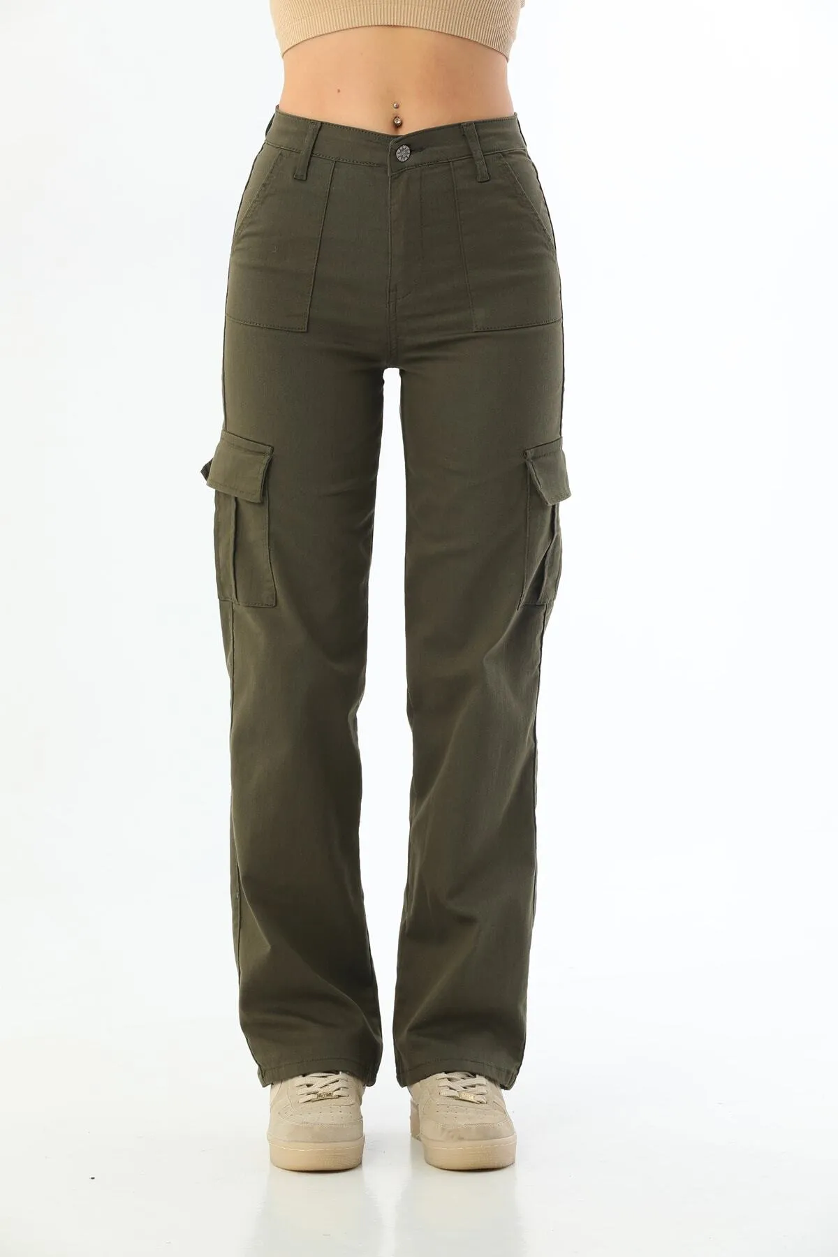 BİKELİFE  Khakifarbene Cargo-Hose aus Lycra mit hoher Taille und weitem Bein