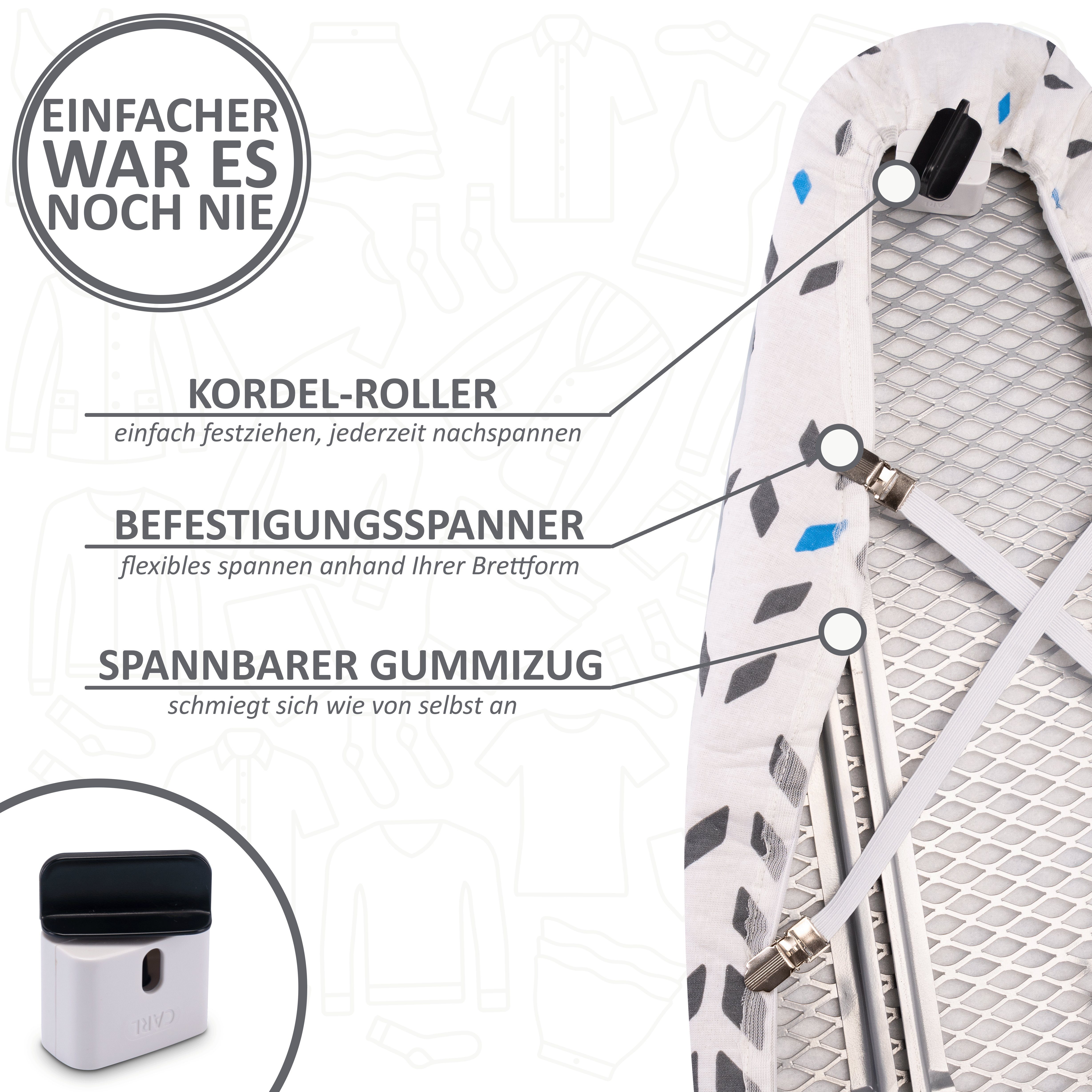 SimplySmooth Bügelbrettbezug in 6 Varianten -, Zubehör für alle Bügelbretter bis 130x45cm, mit Park- und Turbozone, Gummizug, Spannern, Kordeldreher, Schutztuch