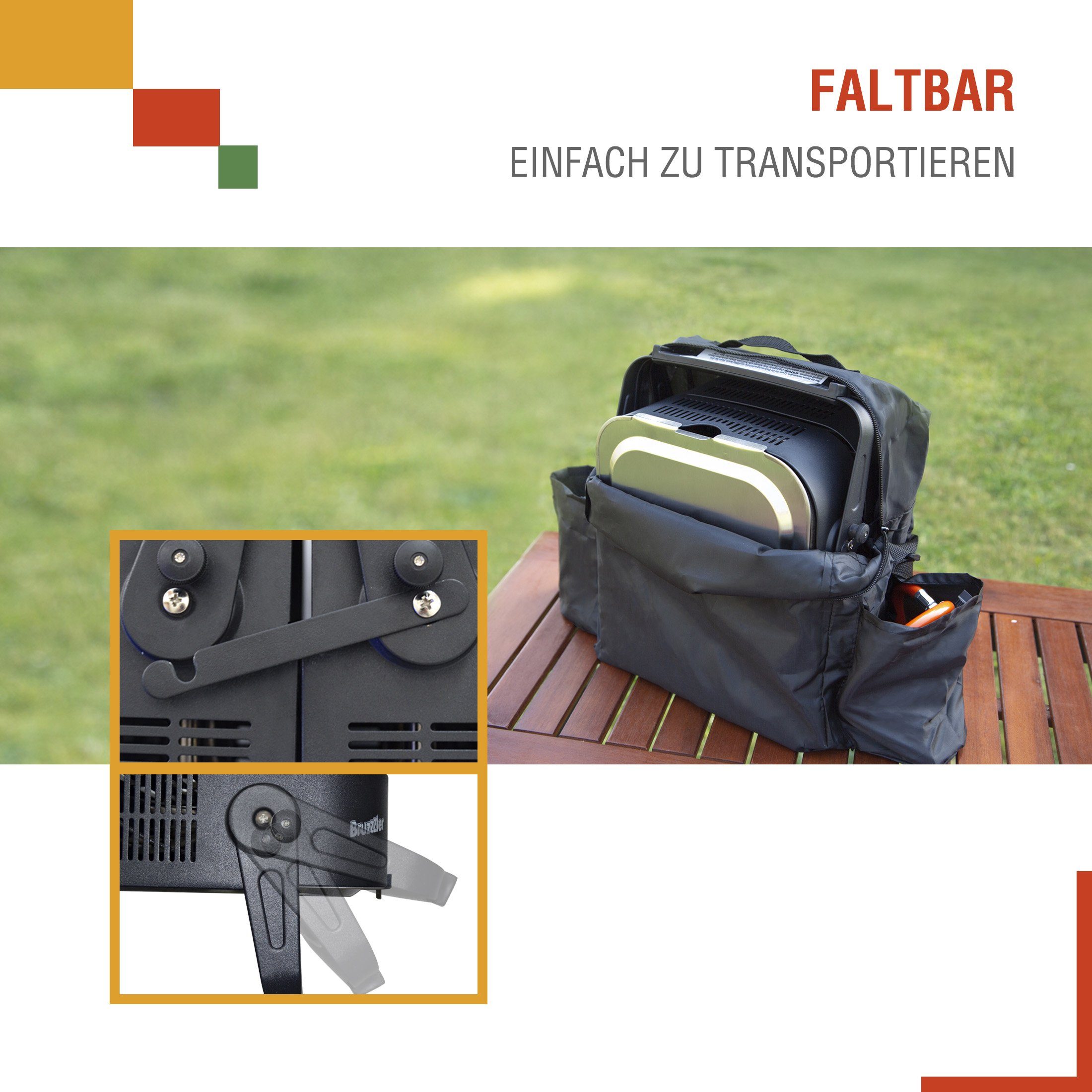 Bruzzzler Camping-Gasgrill Gasgrill zum Klappen, 2-flammiger Gasgrill mit 3,3 kW,zusammenklappbar, Pack, inklusive Tragetasche,für Picknick,Balkon und mehr