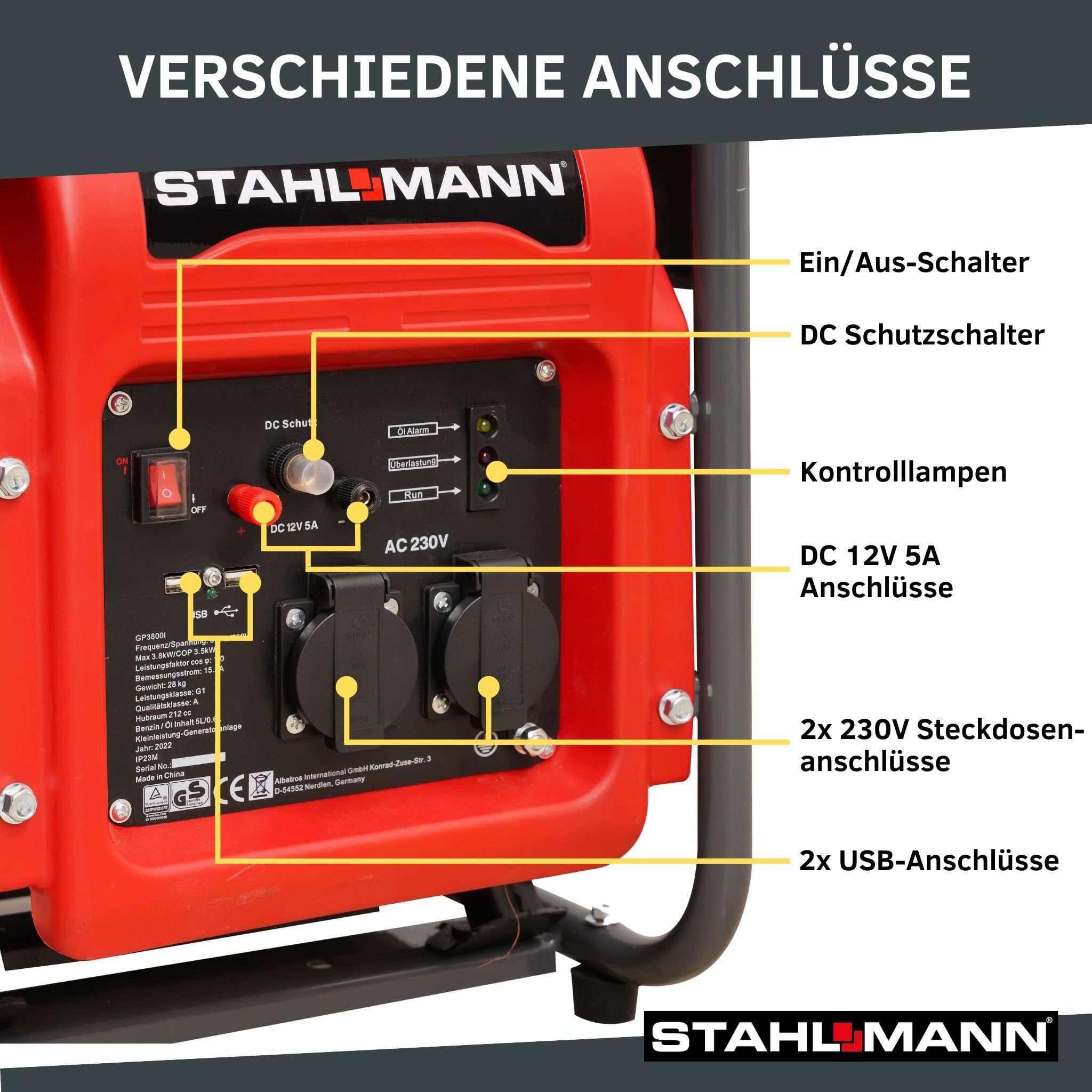 Stahlmann Stromerzeuger Stahlmann Inverter Stromerzeuger Stromgenerator GP2500I, 2500 Watt, Notstromaggregat Benzin - leise und kraftvoll, Stromaggregat oder Generator optimal für Hausversorgung, 2.5 in kW, (1x Stahlmann Stromerzeuger GP2500I), 2500W