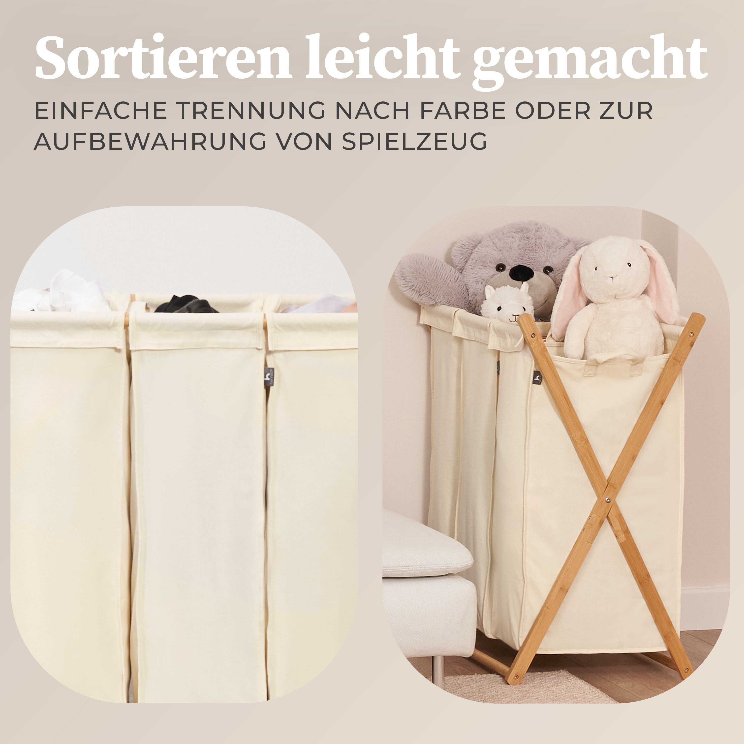 HENNEZ Wäschesortierer 3 Fächer - 150L Wäschesammler Bambus, Herausnehmbare Wäschesäcke - Premium Bambusrahmen