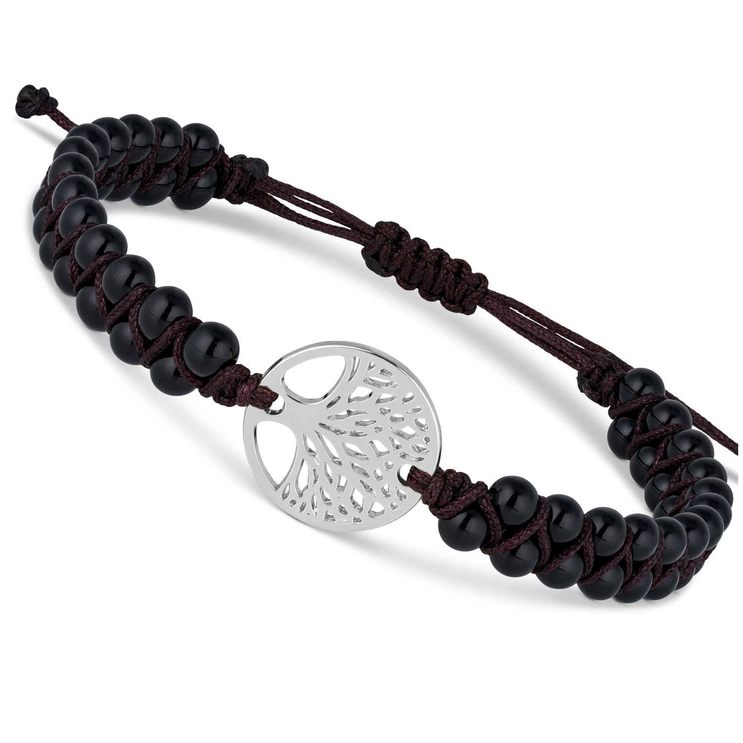 Yoga Armband - Onyx Edelstein Perlen Schwarz mit Lebensbaum Anhänger