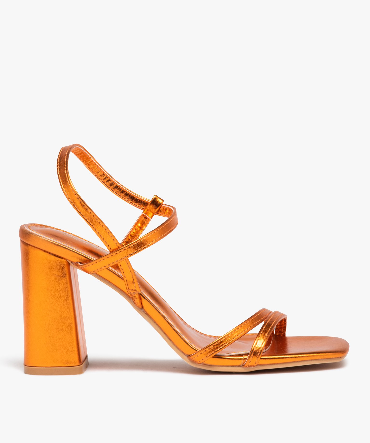 Sandales femme à talon carré et fines brides métallisées orange | GEMO