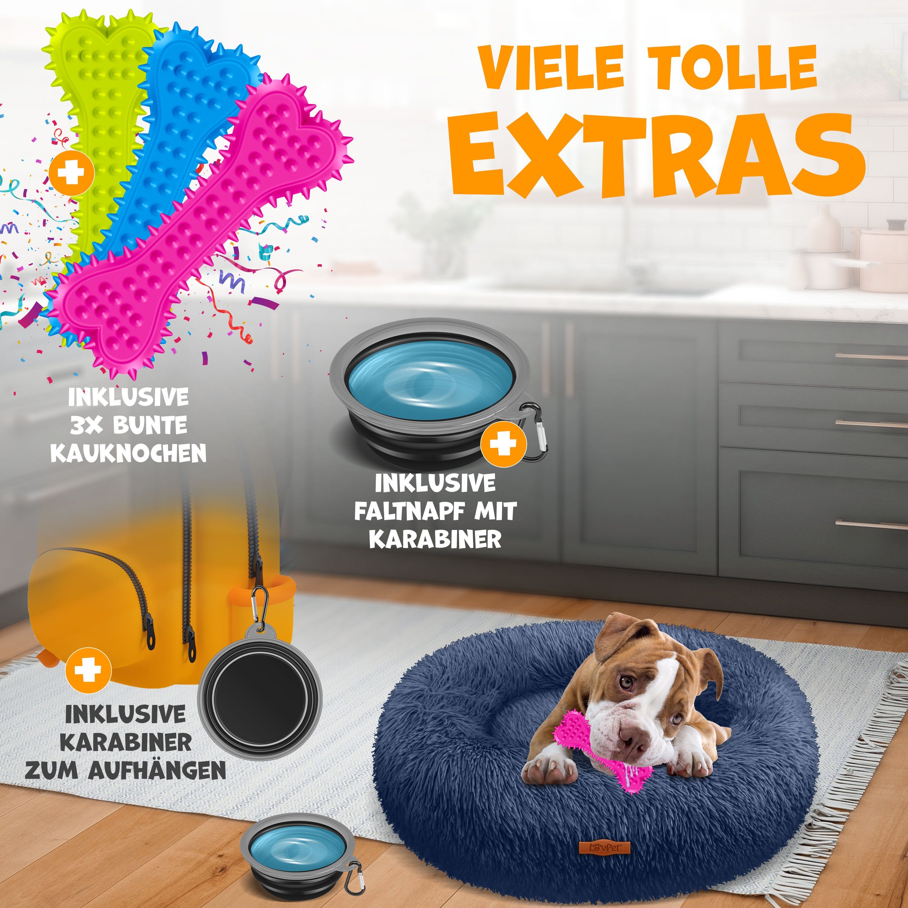 Lovpet Tierbett, Hundebett Hundekissen Katzenbett Bagel, Waschbar, Inkl. Napf