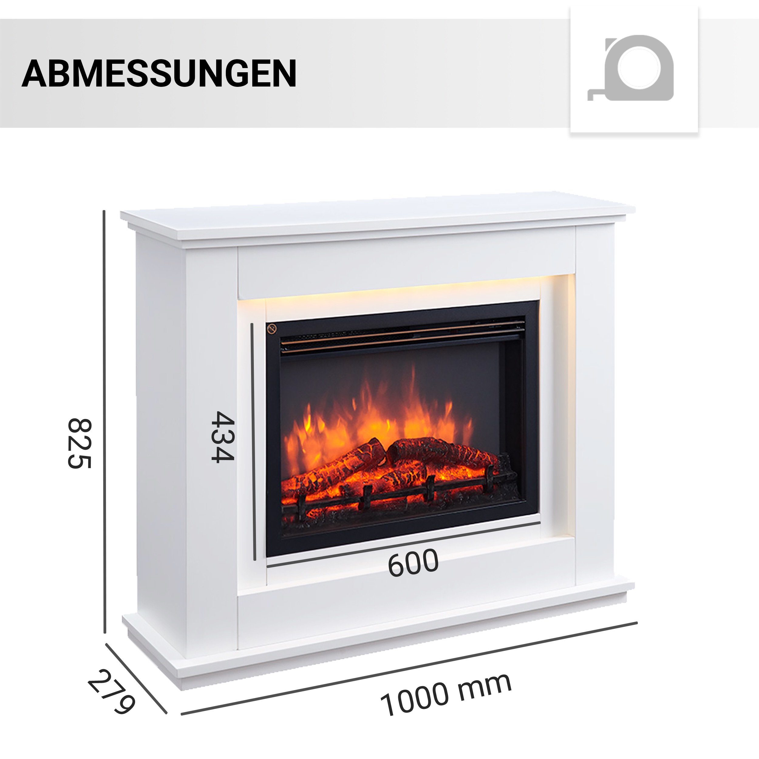 RICHEN Elektrokamin Baldur, Standkamin mit Heizung 2000W, 3D-Flammen, LED-Beleuchtung, App-Steuerung, WiFi, Thermostat, Timer