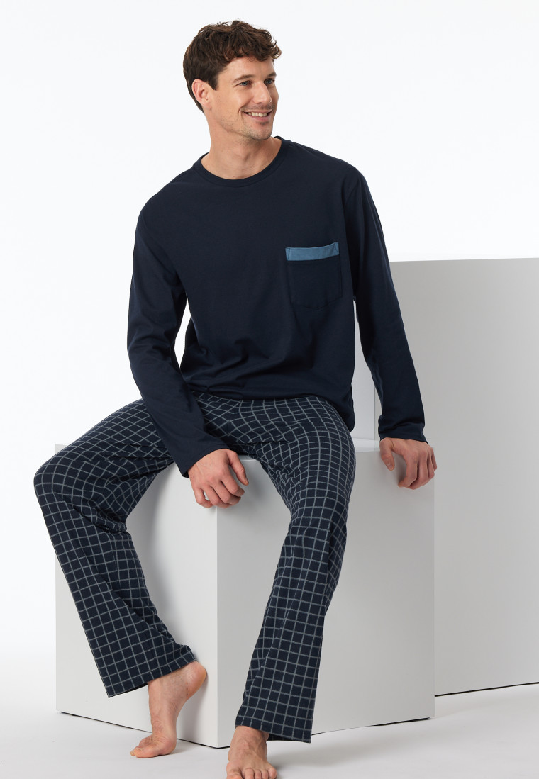 Schlafanzug lang Organic Cotton Karos nachtblau - Comfort Nightwear