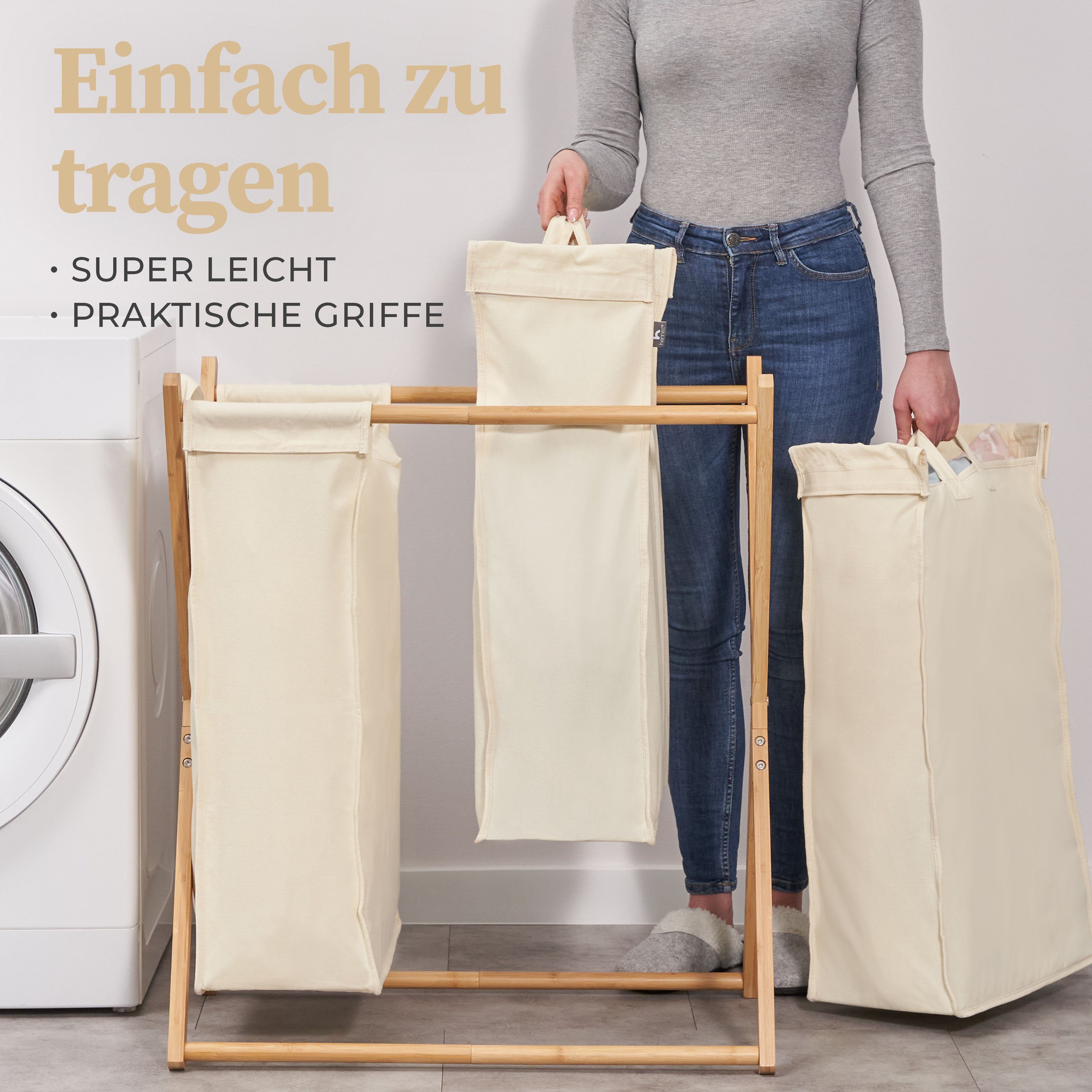 HENNEZ Wäschesortierer 3 Fächer - 150L Wäschesammler Bambus, Herausnehmbare Wäschesäcke - Premium Bambusrahmen