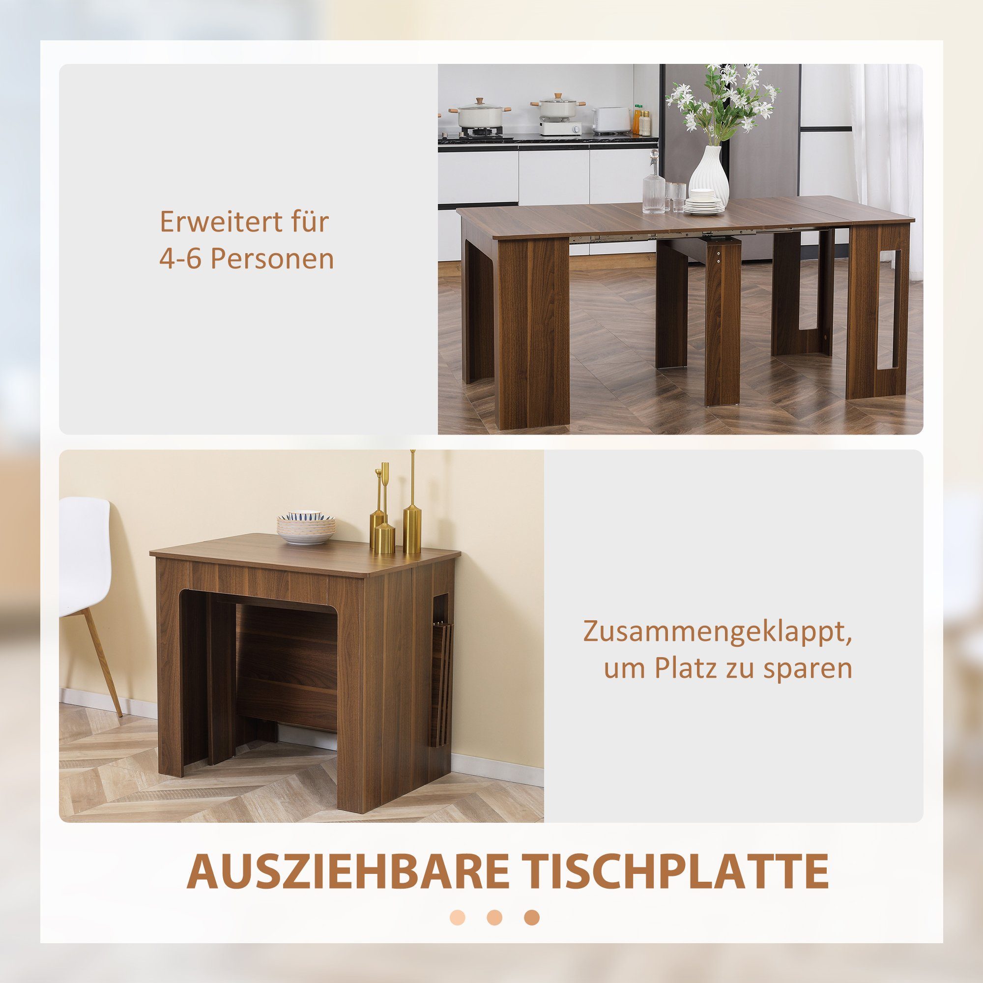 HOMCOM Klapptisch Esstisch, ausziehbar, glatte Oberfläche, 60-180 x 85 x 75cm (Set, 2-St., 1 x Esstisch), Breite 60-180 cm