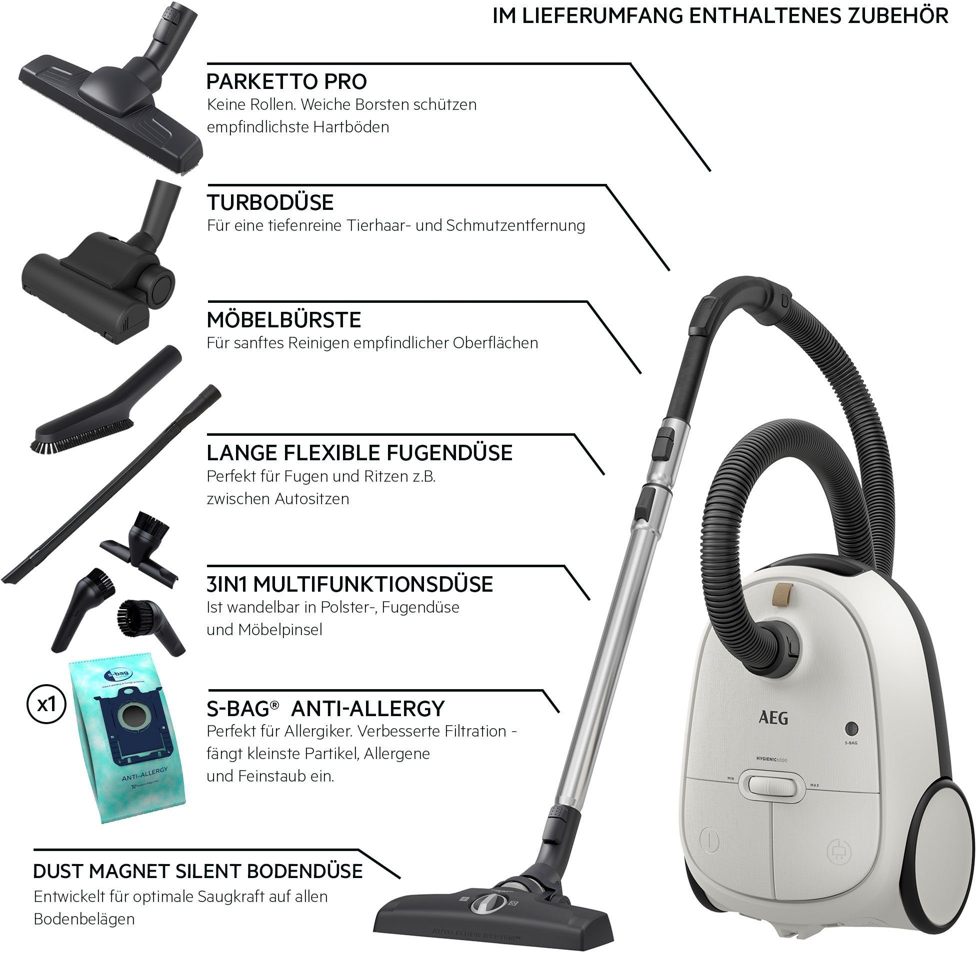 AEG Bodenstaubsauger HYGIENIC 6000 (AB61H6SW), 850 W, mit Beutel, hohe Saugleistung, inkl. Zusatzdüsen, 50 % Recyclingkunststoff