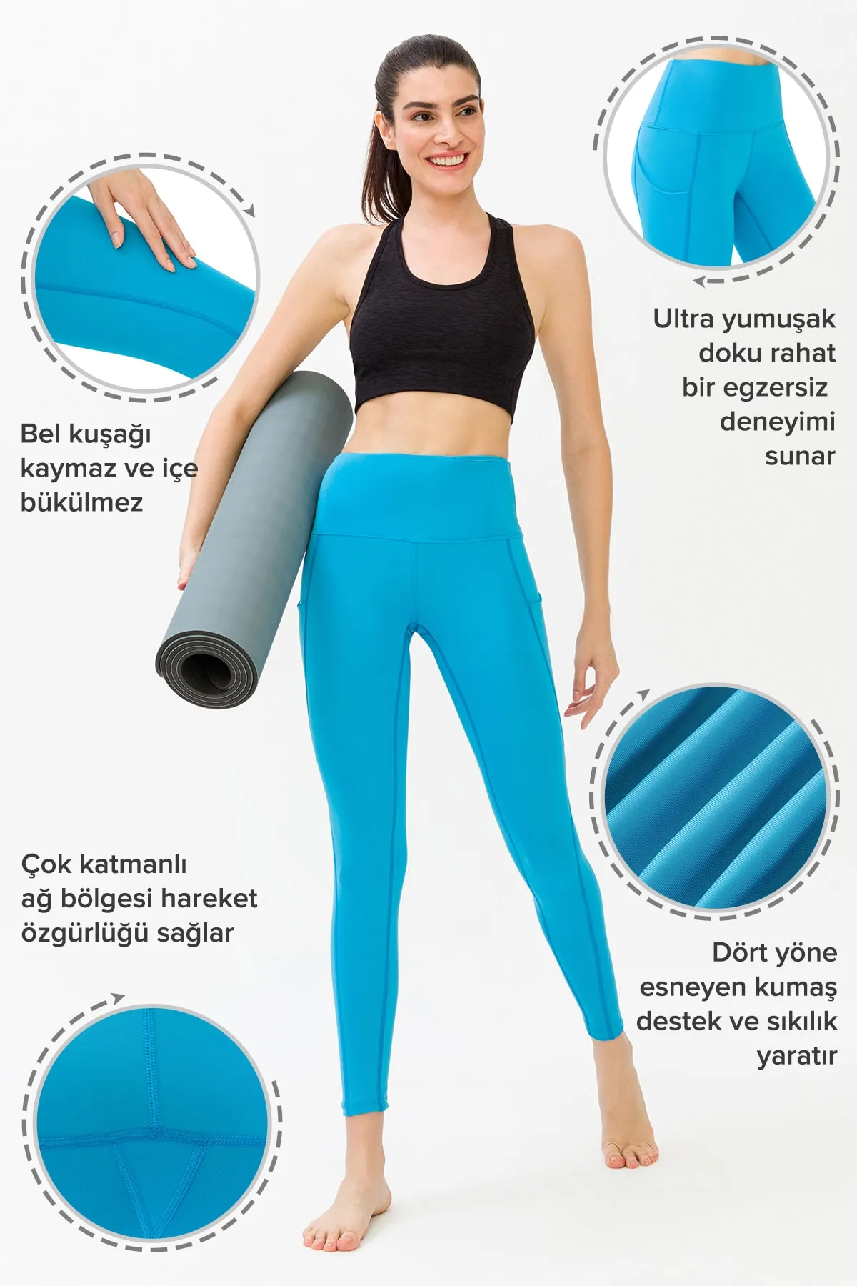 LOS OJOS  Türkise Damen-Leggings mit hoher Taille und doppelten Taschen