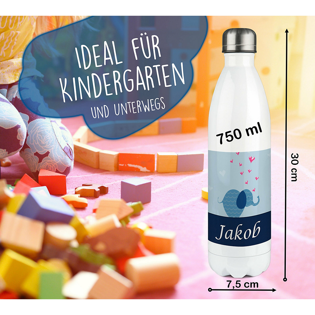 Edelstahl Kinder Thermoflasche / Trinkflasche bunt Elefant Farbe blau Spülmaschinenfest, Auslaufsicher, Bruchfest, Doppelwandig, Für Heißgetränke geeignet, Mit Deckel, Isoliert