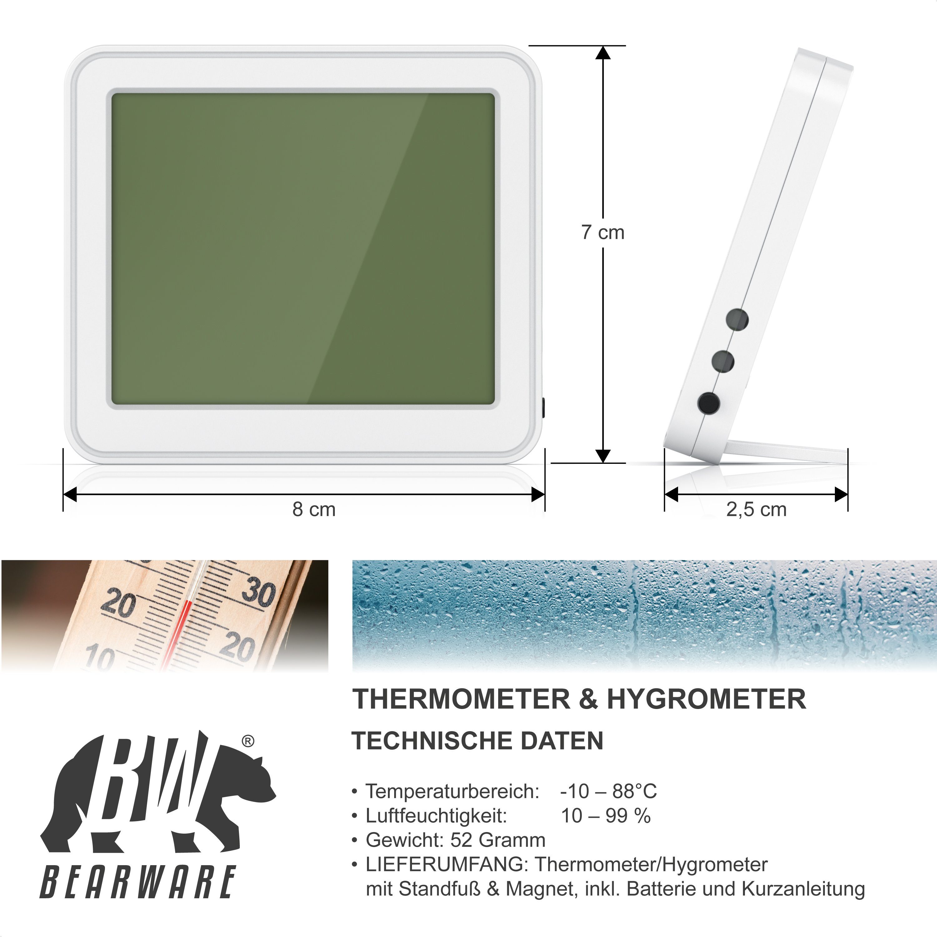 BEARWARE Innenwetterstation (Haltemagneten, Thermometer Hygrometer zeigt Temperatur, Luftfeuchtigkeit & Uhrzeit an)